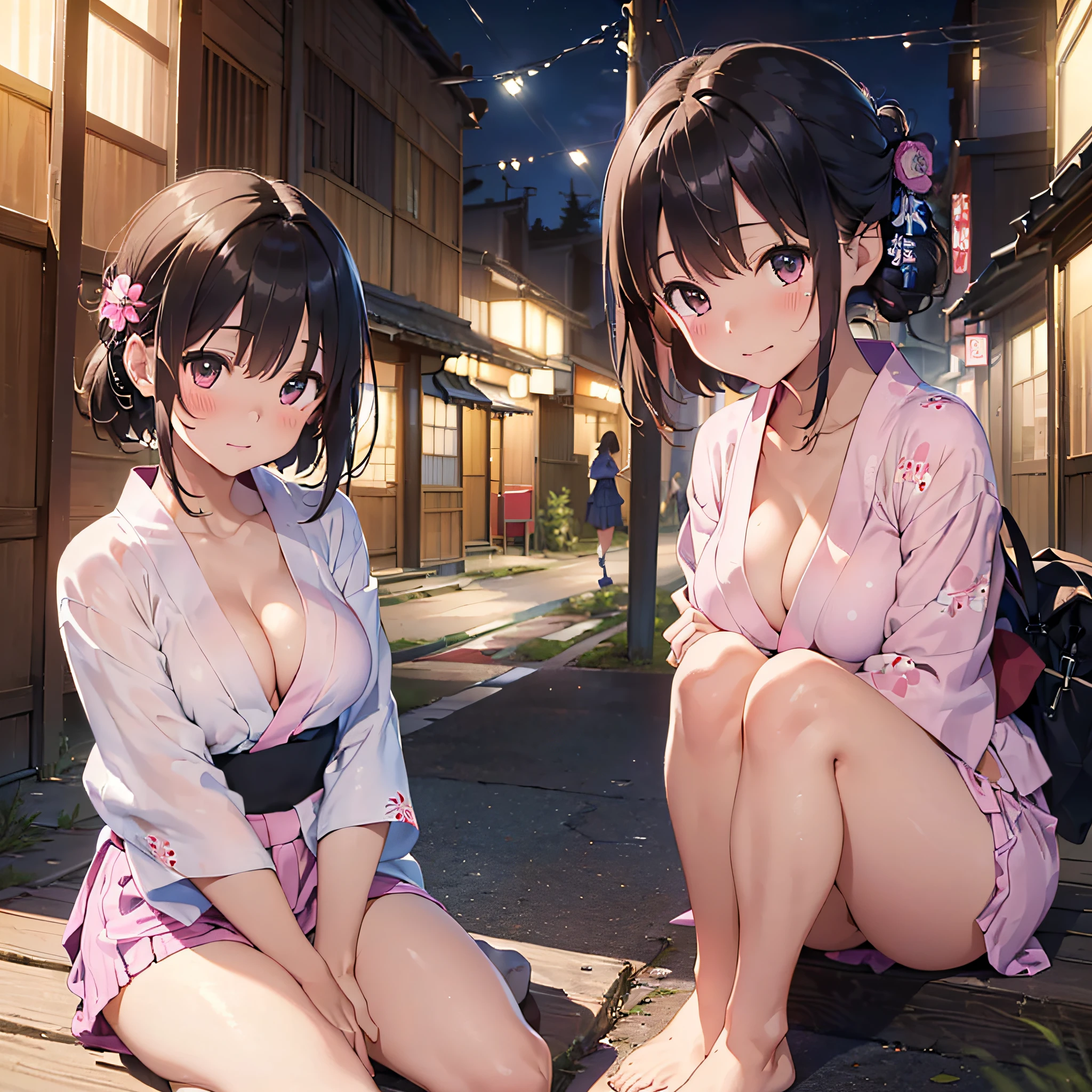 (masterpiece:2.0), (top-quality:2.0), (sitting naked:1.5), (extremely mini skirt extremely small pink yukata:1.5), (super thin fabric:1.5), (sexypose:1.5), (blushed face:1.3), (barechested:1.3), (realistic:1.5), 1 girl, precise hands, Embarrassed look, light smile, Look at me and smile, extremely cute girl, innocent face, young face, Clear eyes, Shining eyes, small breast, (cleavage of the breast is visible:1.5), (the thighs is visible:1.5), The crotch is visible, No pubic hair, full body, The beautiful skin, ultra-definition, Top resolution, japan high school student, brown hair, at the night festival