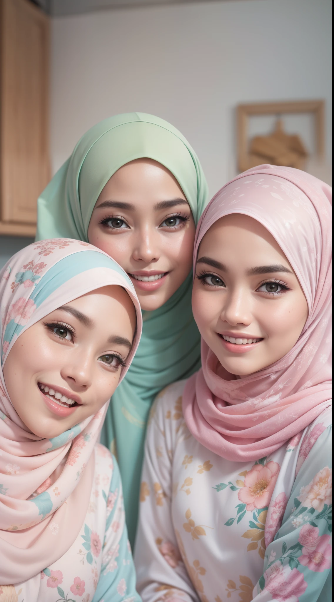 4 beautiful malay girl in light pastel color hijab taking selfie in modern kitchen, wear pastel floral pattern baju kurung, friendly and laughing situation, laughing, happy, modern pastel color kitchen, detailed skin texture, soft lighting, pastel color theme,Super 8mm lense, Extreme close-up, deep focus cinematography effect, Natural Lighting, pastel color grading, high quality, ultra detail, 8k resolution