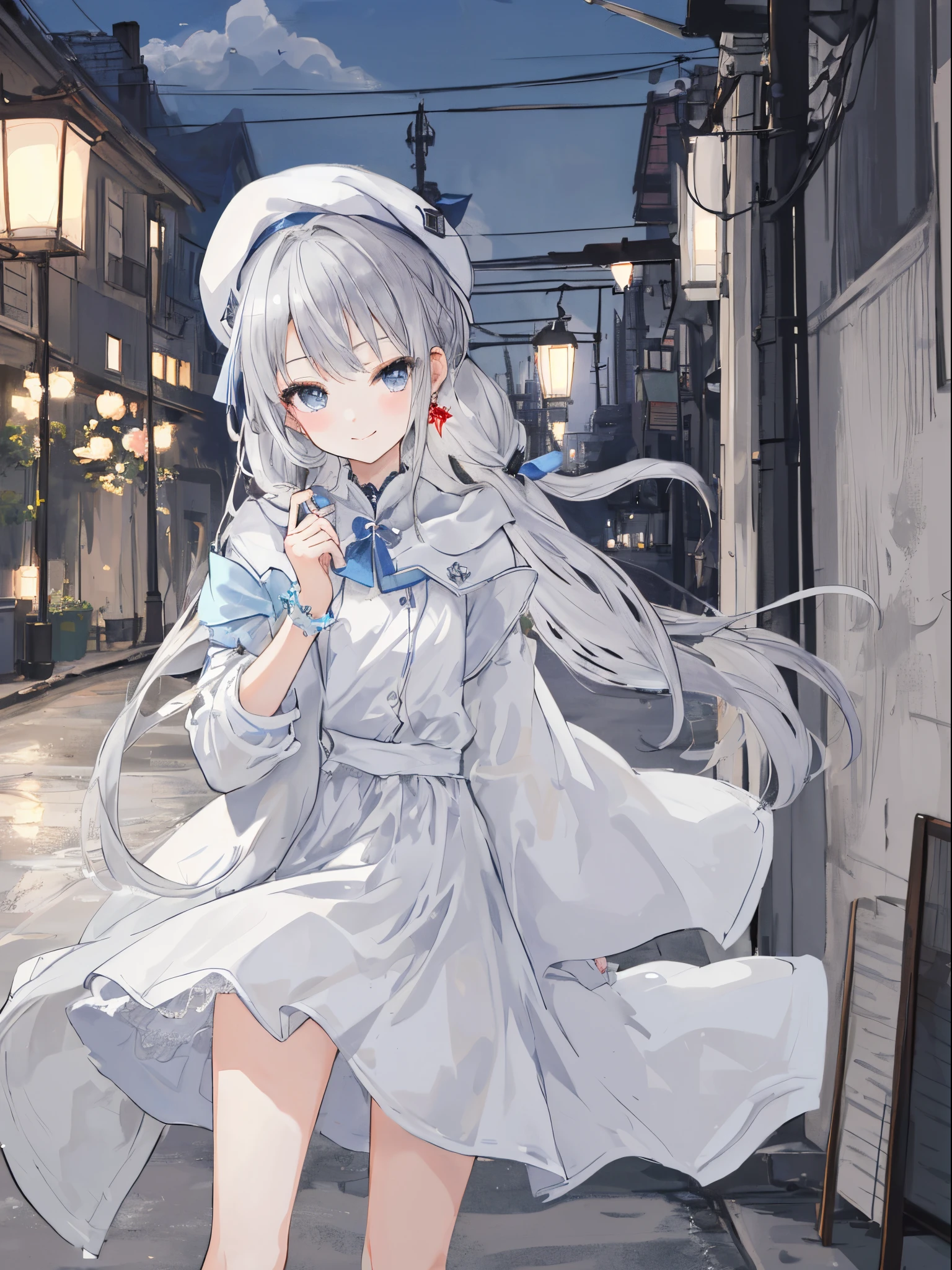 (​masterpiece、top-quality、illustratio、Extremely high quality、high-level image quality、Extremely sensitive writing)Girl with long silver hair standing in a port at midnight、A slight smile、She has a white beret, white dress with open robe, Hair fluttering in the wind, she is a teenager and has twintails, her collor pallete is silver and white, grey eyes, ****. she has a slim leg and cute and has earings