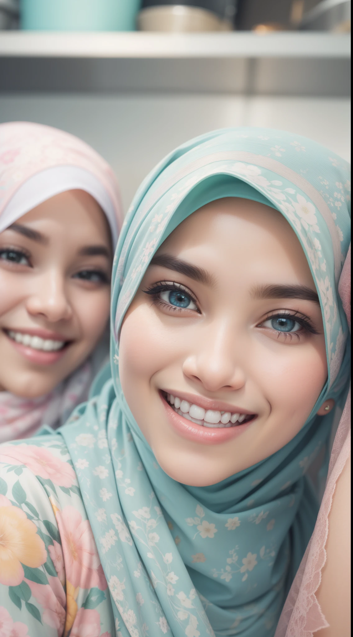 4 beautiful malay girl in light pastel color hijab taking selfie in modern kitchen, wear pastel floral pattern baju kurung, friendly and laughing situation, laughing, happy, modern pastel color kitchen, detailed skin texture, soft lighting, pastel color theme,Super 8mm lense, Extreme close-up, deep focus cinematography effect, Natural Lighting, pastel color grading, high quality, ultra detail, 8k resolution