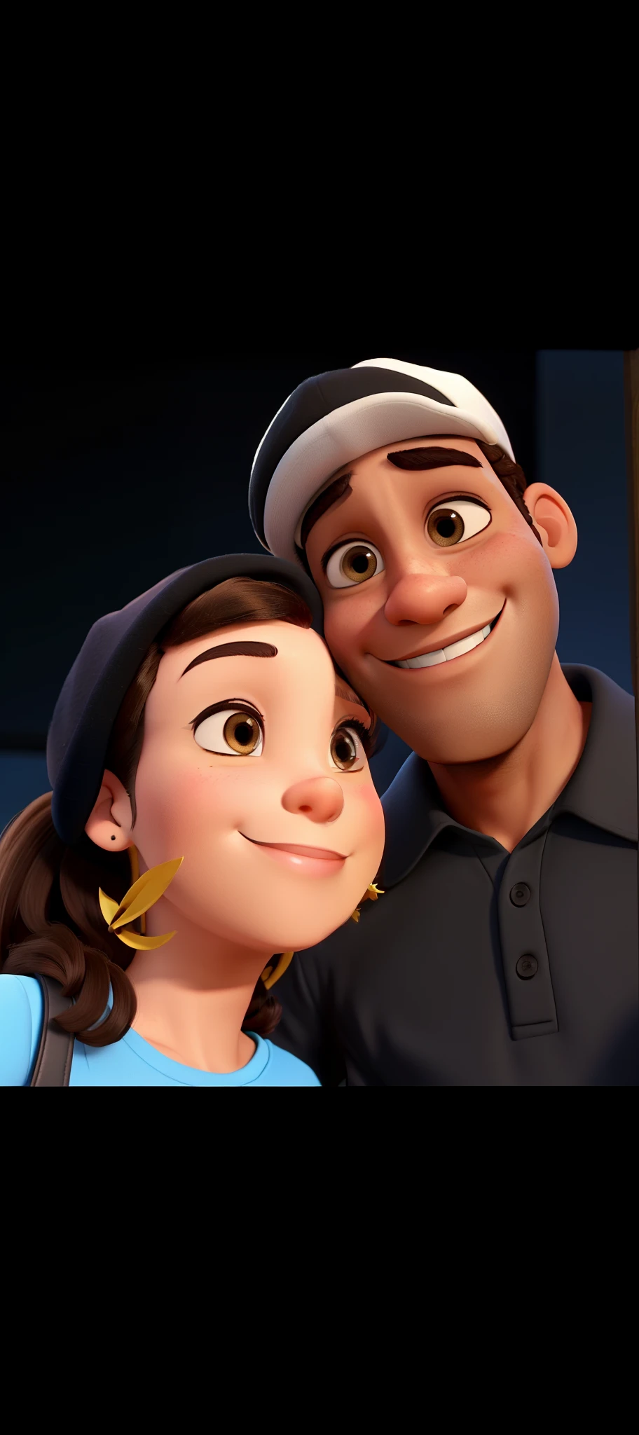 Um casal apaixonado estilo Disney pixar ,alta qualidade,melhor qualidade, black man with white cap, military hair and white woman with straight dark brown hair smiling in the background of the photo, the scenery of the city of Salvador Bahia