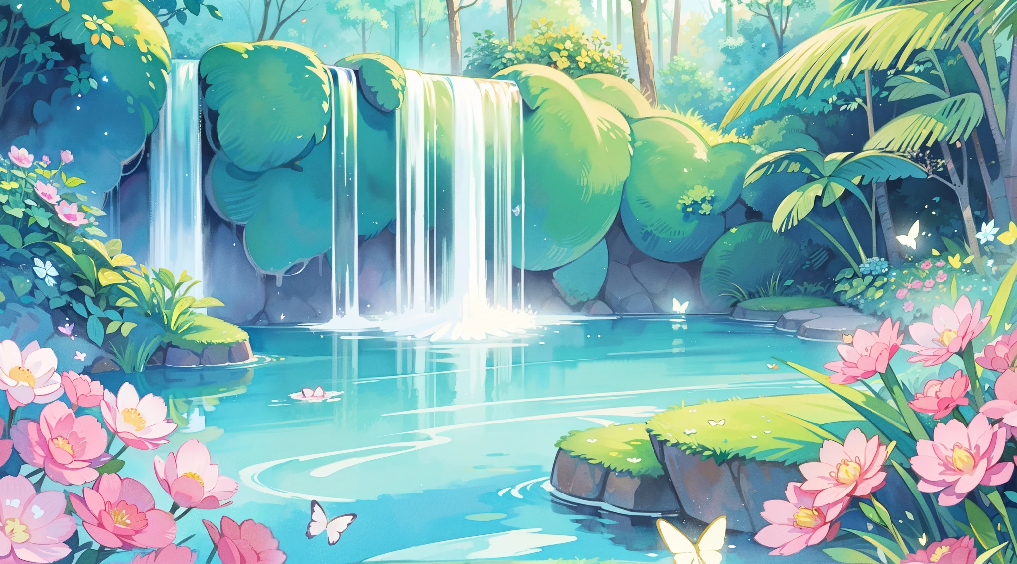 picture book illustration, watercolor storybook illustration, vibrant pastel colors, dreamy, colorful, whimsical, magical, masterpiece, best quality, sharp focus, intricately detailed environment, fine detail, 8k resolution, waterfall lagoon, (magical lagoon), (waterfall, lake), (glowing butterflies), beautiful, golden ratio, perfect composition, perfect
