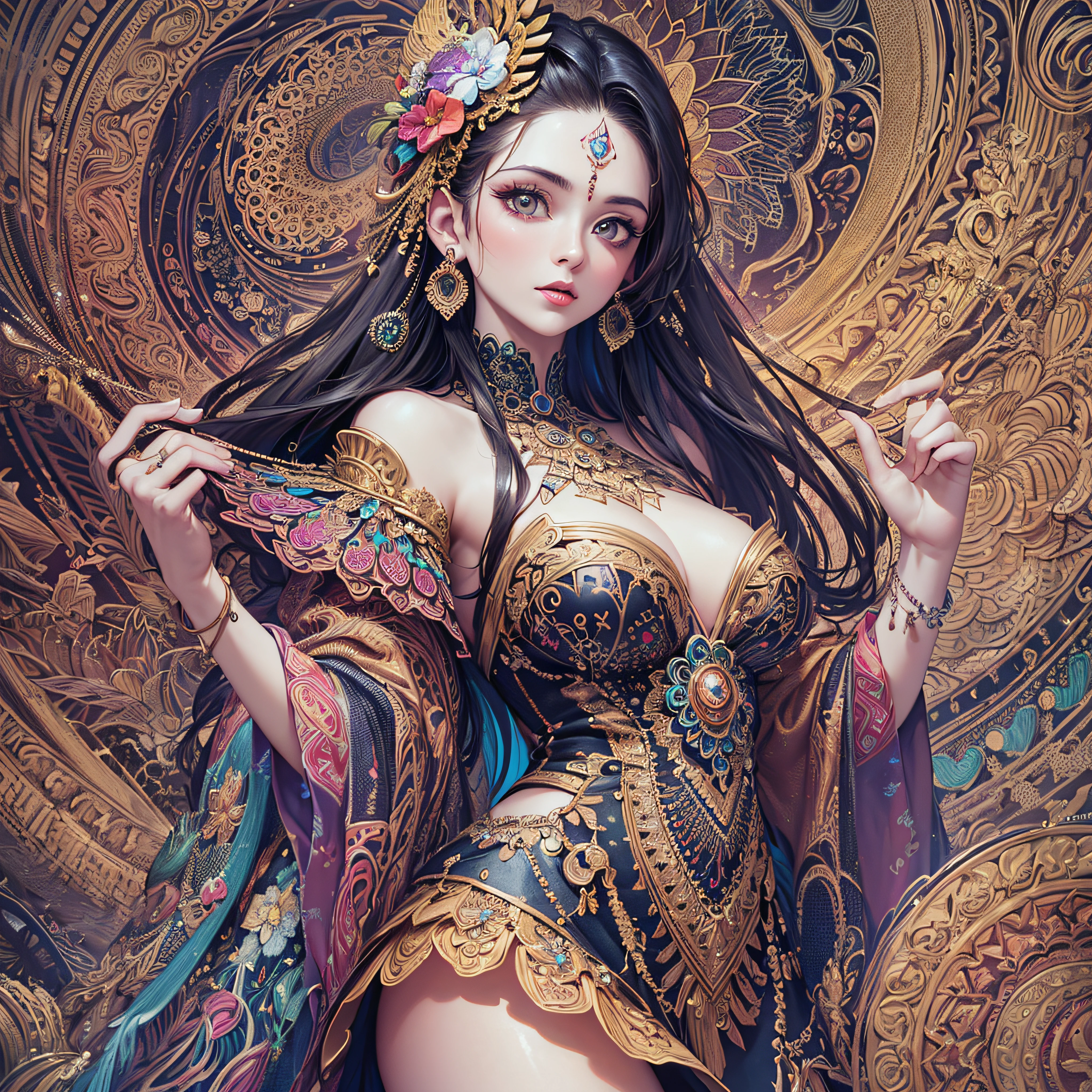 (masterpiece, top quality, best quality, official art, beautiful and aesthetic:1.2), (1girl:1.3), extremely detailed,(fractal art:1.2),colorful,highest detailed,(zentangle:1.2), (dynamic pose), (abstract background:1.5), (treditional dress:1.2), (shiny skin), (many colors:1.4), upper body
