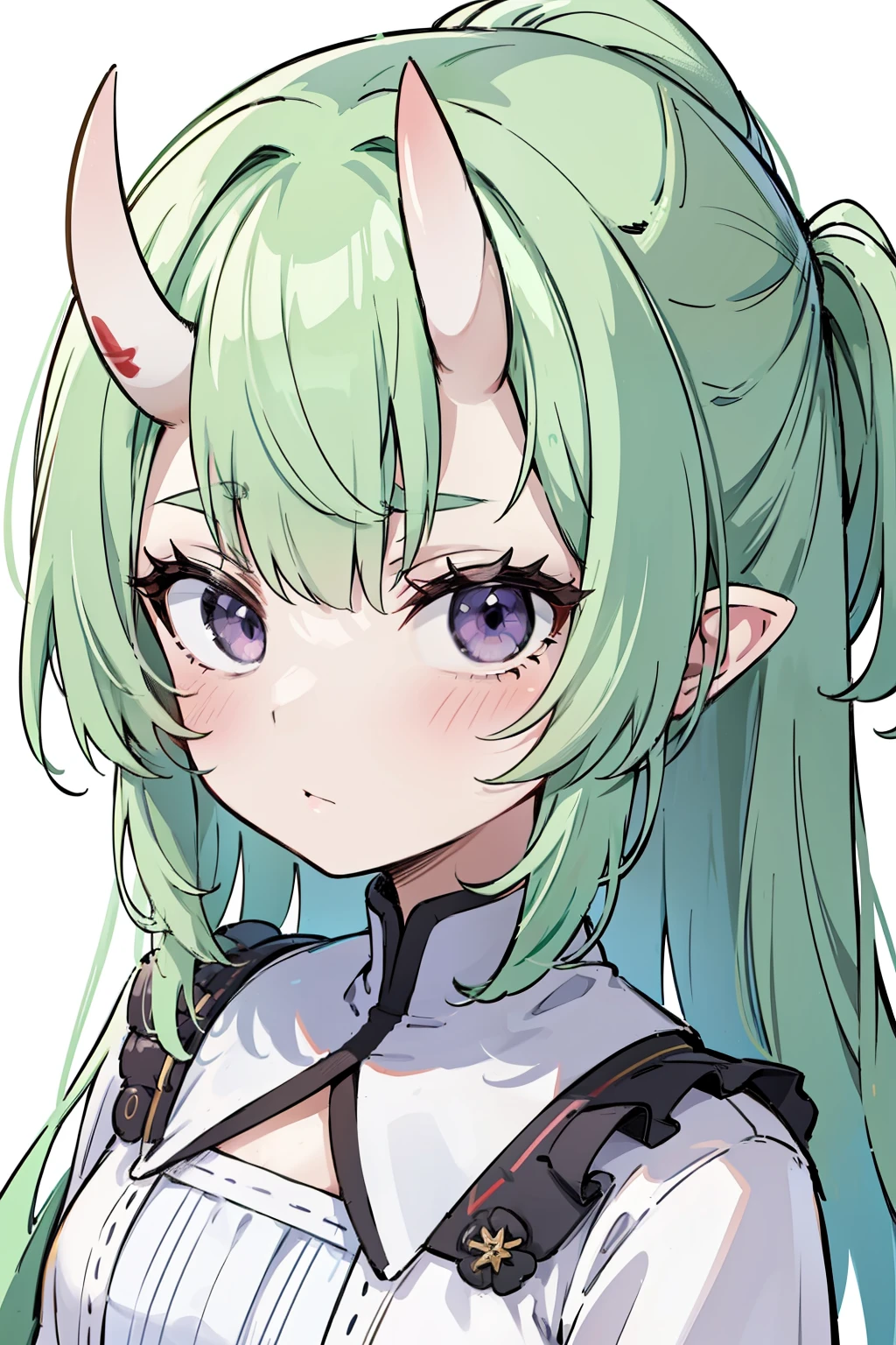 masterpiece, best quality, 4k, face close-up, portrait, 1girl, solo, beige hair, light green hair, pale green hair long hair, purple eyes, empty eyes, small breasts, (oni girl, oni horns), serious, determined, straight shot, white blouse, one piece blouse, medieval fashion, standing, arms behind back, looking at viewer, white background, simple background, transparent background