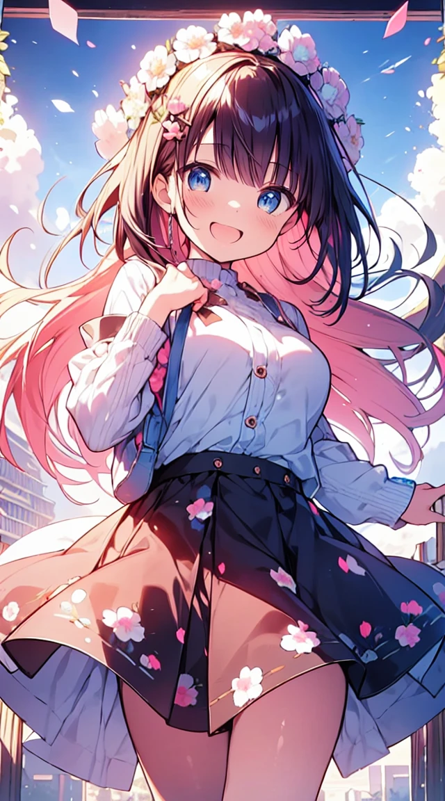 masutepiece, Best Quality,Illustration, Wallpaper, ultra -detail, Absurd beauty, 1beautiful girl、Bright hair color、big eye、Hair fluttering in the wind、♡、Spring landscape、great laughter、skirt by the、Futomo、Poses in motion