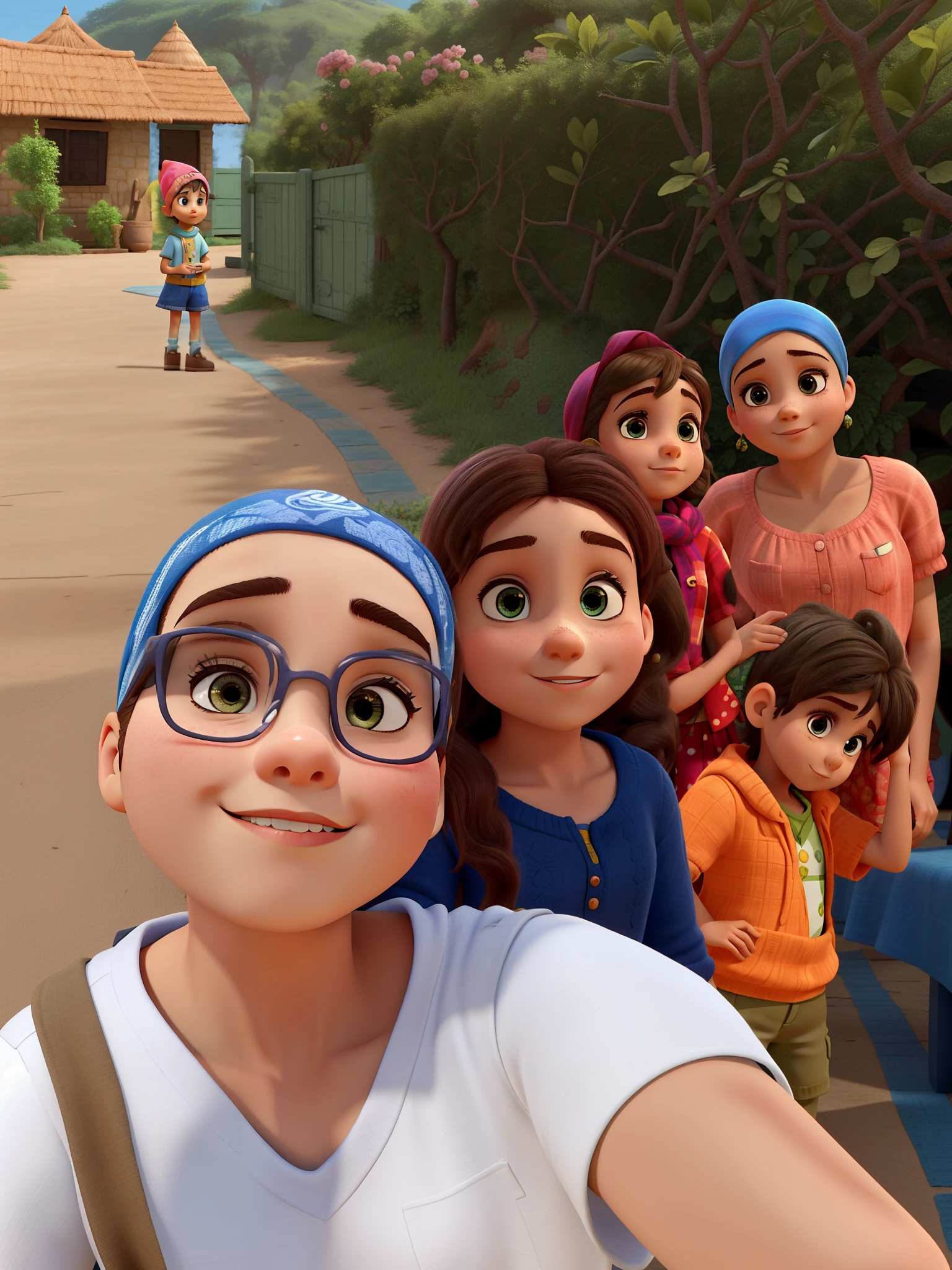 Quatro mulheres, one with a headscarf, A child boy. Fazer estilo Disney pixar, alta qualidade, melhor qualidade.