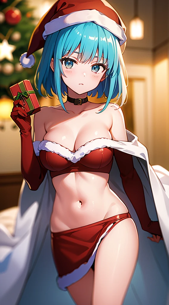 masterpiece, best quality, 1 solo girl, blue hair, blue eyes, short hair, wavy hair, Christmas ornaments, medium breasts, mature body and face, red christmas dress, christmas, christmas light, christmas tree, red gloves, red santa skirt, holding gift, red bra, red panty, leg up, cowboy shots, sexy pose, dakimakura, detailed body, face, and eyes, sharp focus, vibrant, creative, dynamic, high definition, high resolution, 8k, (Upscale: R-ESRGAN 4x+ Anime6B), (Image enchance:4x), voluptuous body