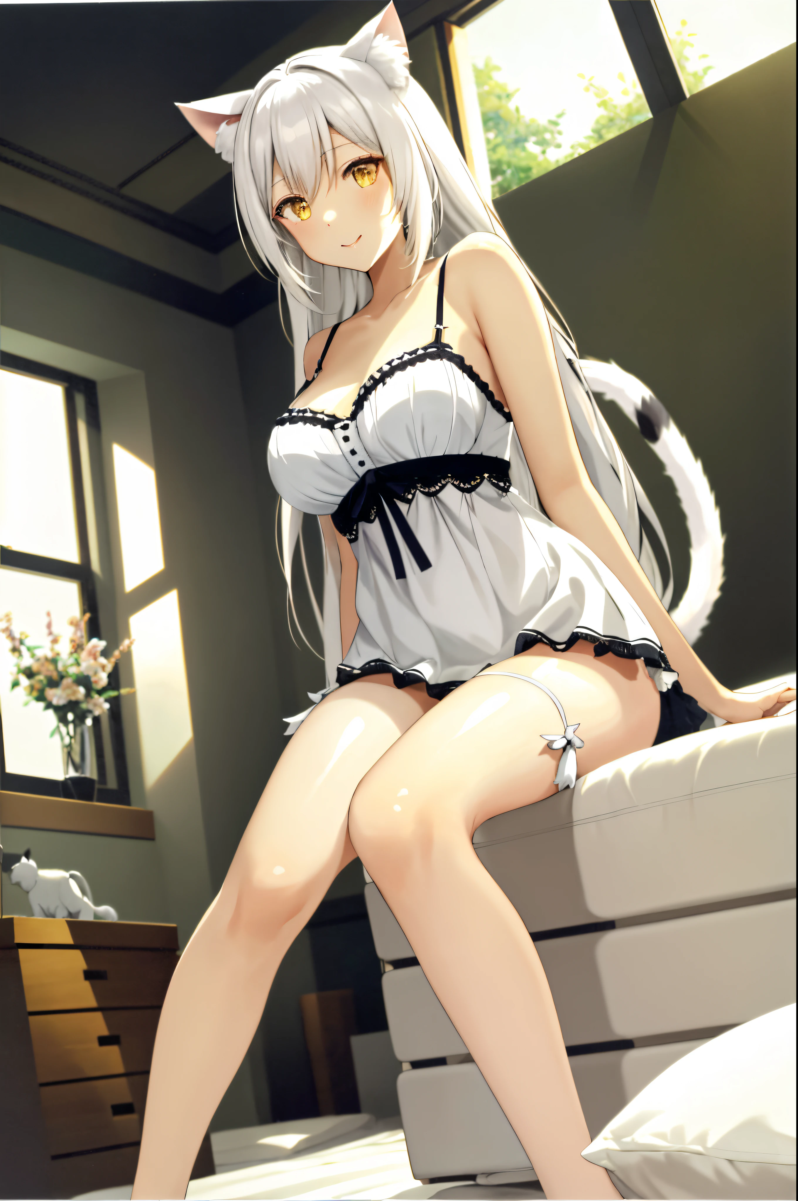 tmasterpiece, A high resolution, high high quality, camisole, Bedrooms, Attractions, Large breasts, Cat ears, floral patterns, yellow eyes, White hair, dual horsetail,