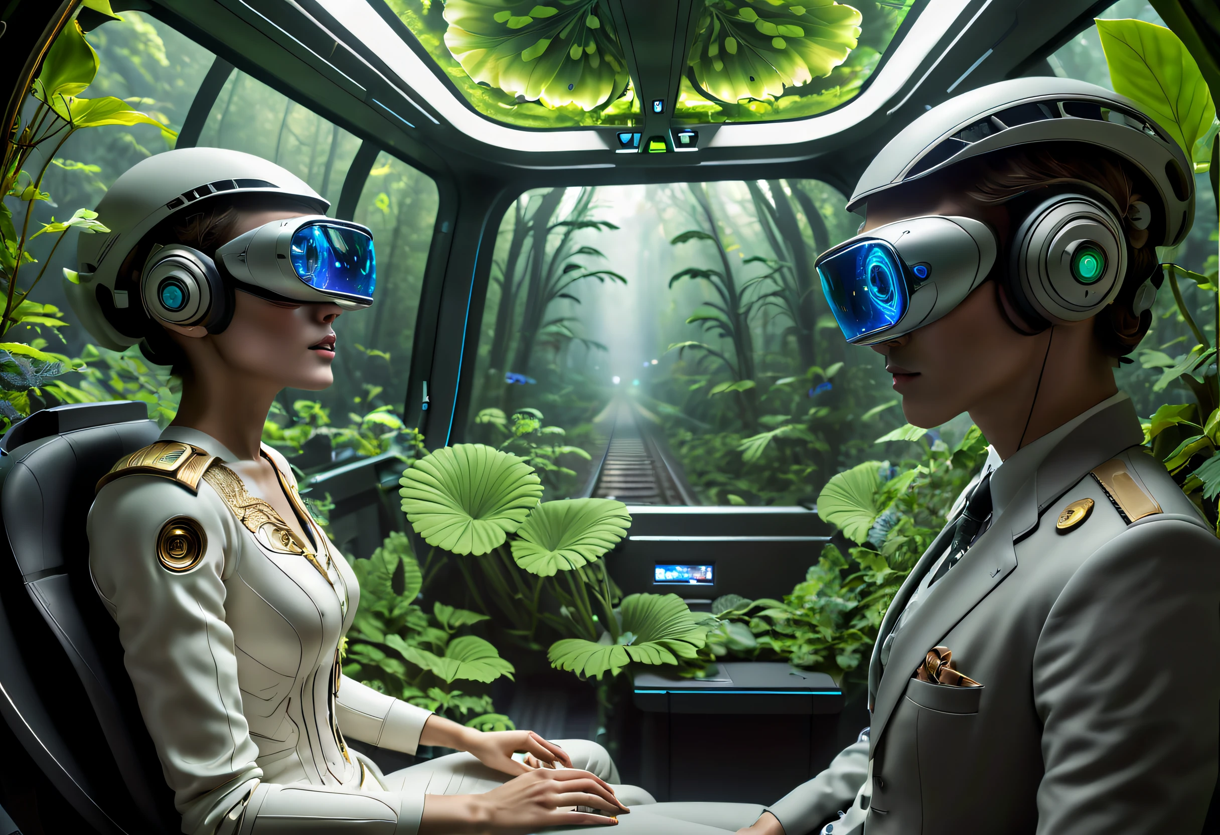 art by mooncryptowow ,Embark on an unforgettable virtual reality journey with this prompt simulating a thrilling and immersive high-tech train experience through an enchanting extraterrestrial environment. The cutting-edge technology transports users to a world where futuristic trains glide effortlessly through a mesmerizing landscape filled with magical vegetation. The immersive experience allows users to witness firsthand the vibrant colors, intricate details, and dynamic movements of the alien flora. The simulated lighting effects and surround sound create a truly immersive and sensory-rich experience, bringing the extraterrestrial world to life. This virtual reality journey invites users to explore the captivating beauty and wonder of an otherworldly environment as they traverse it aboard a high-tech train. Created by renowned virtual reality developer Oculus Studios