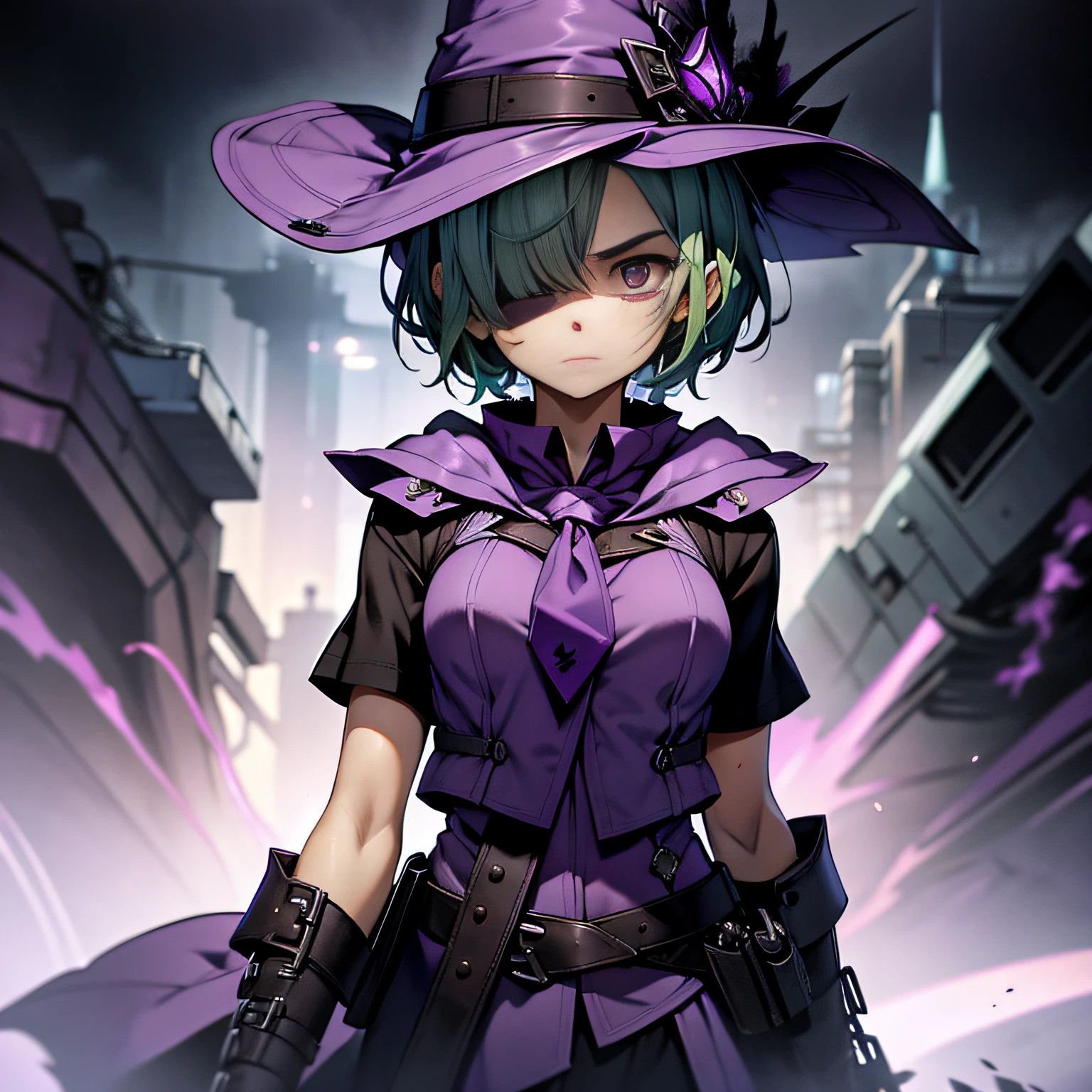 top-quality、extremely delicate and beautiful、(A teenage girl)、Purple Eye、Green hair、short-haired、(purple witch hat)、Purple tie、Tactical Vest、Soio、shortsleeves、Purple skirt、Purple Wizard Robe、Navel、is standing、Facing the front、Expression of hatred、Dark background、Only eyes、（One-eye hide）、Scar on one eye