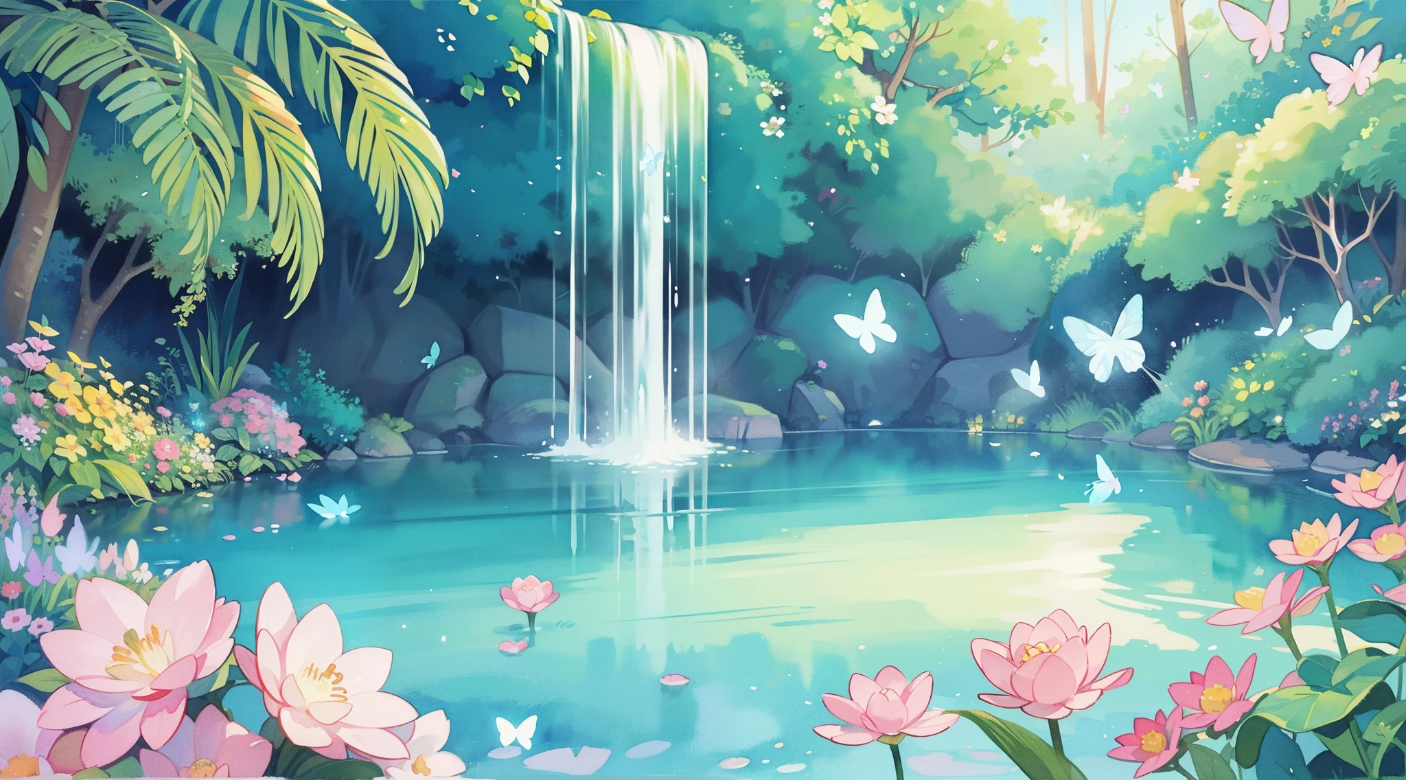 picture book illustration, watercolor storybook illustration, vibrant pastel colors, dreamy, colorful, whimsical, magical, masterpiece, best quality, sharp focus, intricately detailed environment, fine detail, 8k resolution, waterfall lagoon, (magical lagoon), (waterfall, lake), (glowing butterflies), beautiful, golden ratio, perfect composition, perfect