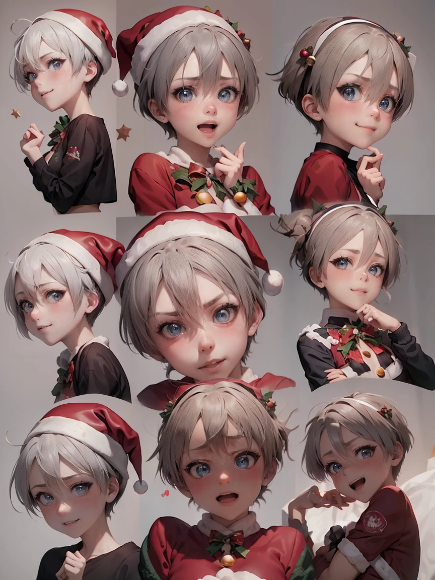 (master piece: 1.1), (uzakihana), chibi, 9 emojis, 9 poses and expressions, (multiple expressions), high detailed face, white hair, short hair, anime character, detailed blue eyes, (happy, smiling, angry, embarassed, blushed), (wearing christmas costumes, (wearing santa hat), christmas clothes, (simple gray background),