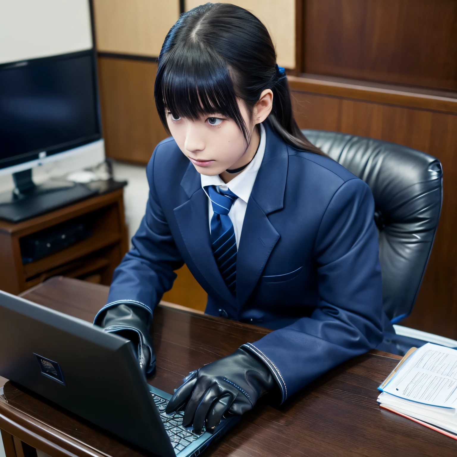 Dark blue blazer uniform、Blue shirt、Blue ribbon、Black leather gloves、hi-school girl、Operating a laptop computer on the desk、Sitting on a chair、((He wears black leather gloves on both hands))((Cute Japan high school girl))