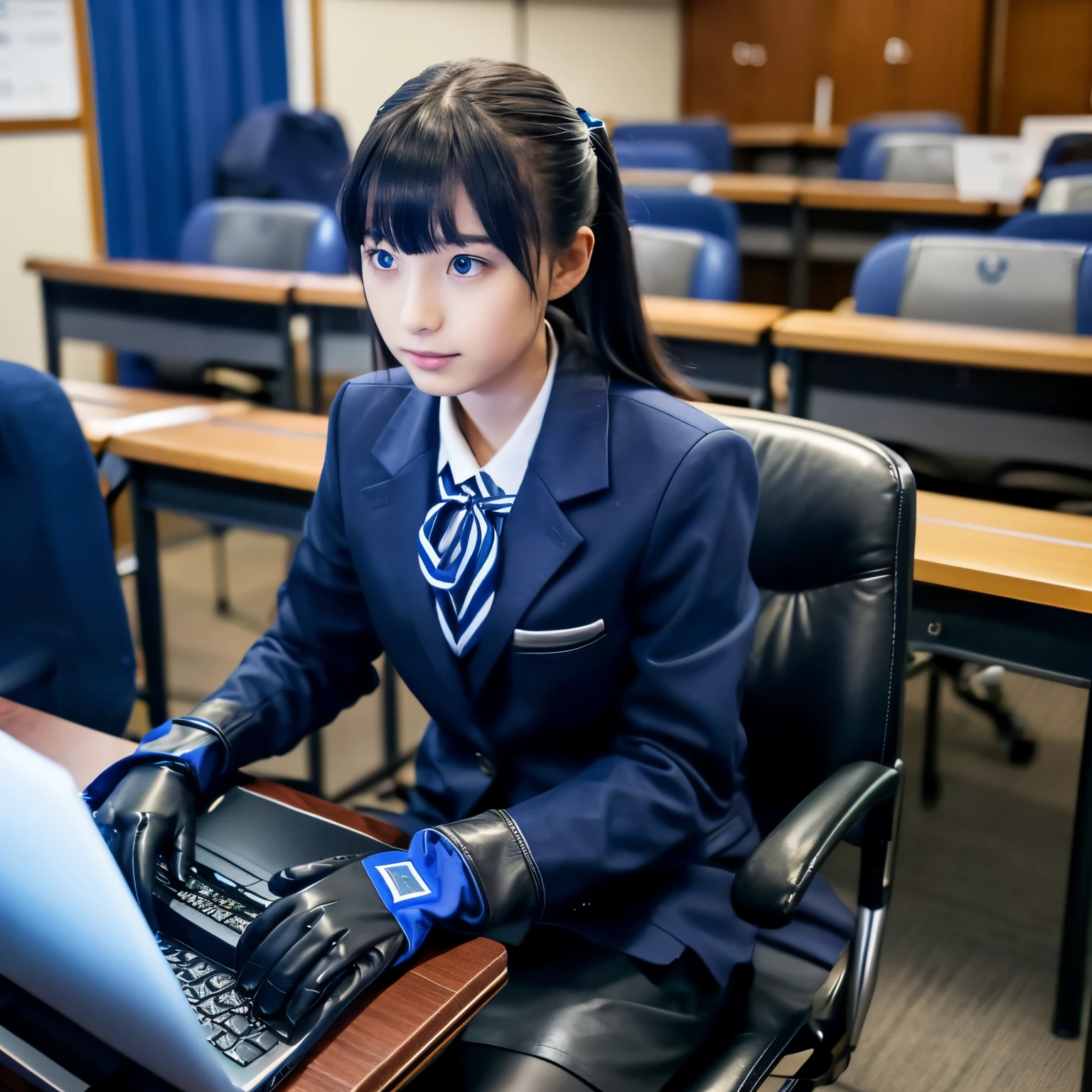 Dark blue blazer uniform、Blue shirt、Blue ribbon、Black leather gloves、hi-school girl、Operating a laptop computer on the desk、Sitting on a chair、((He wears black leather gloves on both hands))((Cute Japan high school girl))