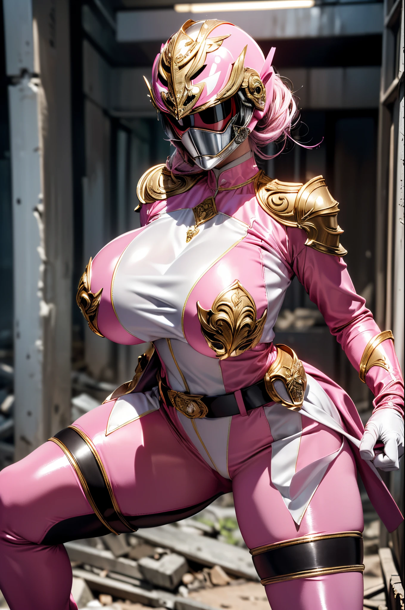 (masterpiece, Super Detail, Best Quality, High resolution, 16k), reflective light, super beautiful female heroine, ((Anatomically correct)), ((1 girl in)), Solo, ((ultra huge breasts:1.5, Full face helmet with no exposed face and head hair:1.3)), Full body suit in pink color, (Thick and intricate lines drawn on the chest), Lines on the sides of the suit, a belt, The suit is pink with long gloves and boots are white, (Very shiny helmet and suit), Three-dimensional helmet, fighting poses, ((in abandoned building, underground)),