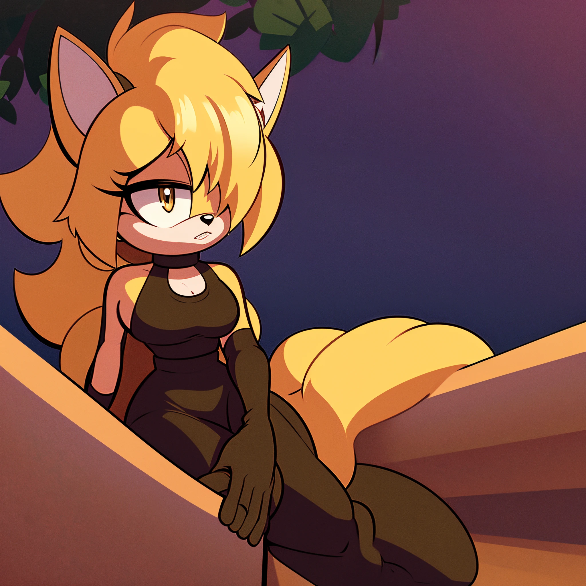 there is a cartoon cat sitting on a bench, mobian, female, blonde fur, fuzzy fur, medium hair, hair blends into white halfway down, amber colored eyes, large hair bangs over one eye, large tuft of blonde chest fur, mane of blonde fur, fluffy mane of blonde fur over the shoulders, fluffy mane over crop top, long fuzzy cat tail, tight black dress, grey crop top over the dress, black fingerless gloves, grey glove cuffs with amber rings around the middle, sitting on a bench, sitting with one leg over the other, forest/park background, looking at viewer, (best quality, 4k, detailed, masterpiece)