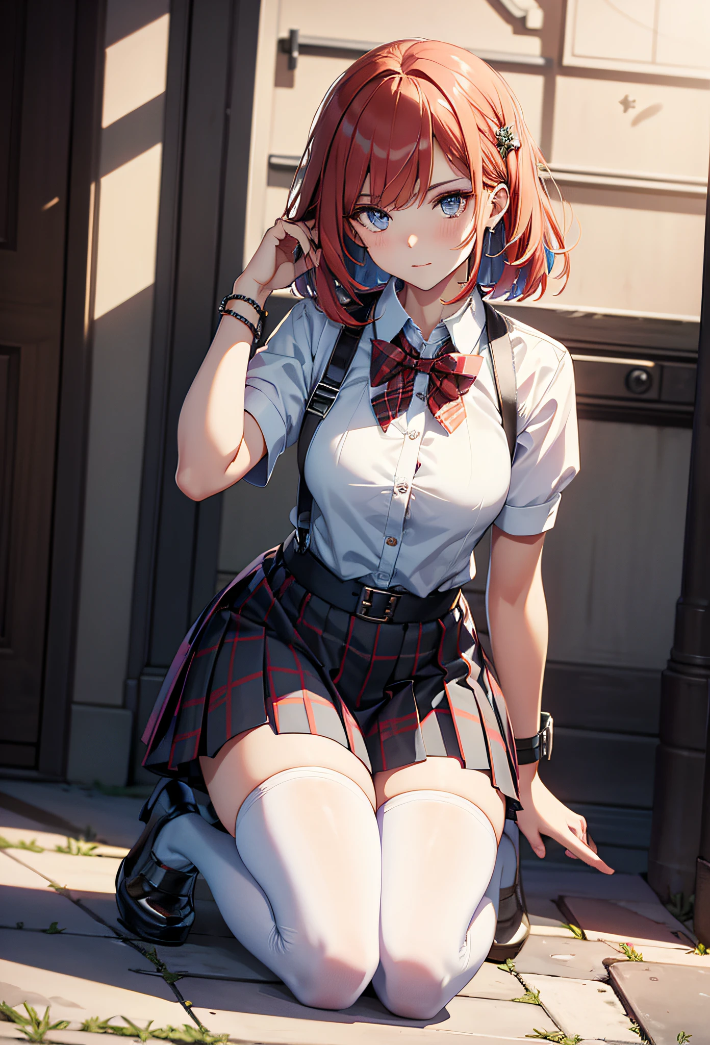 Masterpiece to the smallest detail、top-quality、1girl in、Solo looks 12 years old、150cm petite beautiful girl、small tits、12-year-old baby face、red hairs、Gradient bob in the forward、Pink and violet mesh、red eyes、Red eyes、Tall, big eyes、Outstanding looks、A lovely child、proximity、closed_mouth、a smile、red blush、full of shyness、blue headwear、Hats、pink bowtie、校服、 Blue jacket、jaket、skirt by the、Gray skirt shirt、white shirt、an legs、Black socks、sitting on、Classroom、hair_ornament、looking_at_viewer、beatiful detailed eyes、Akame、panties on、lift up one's skirt、Professional effects、