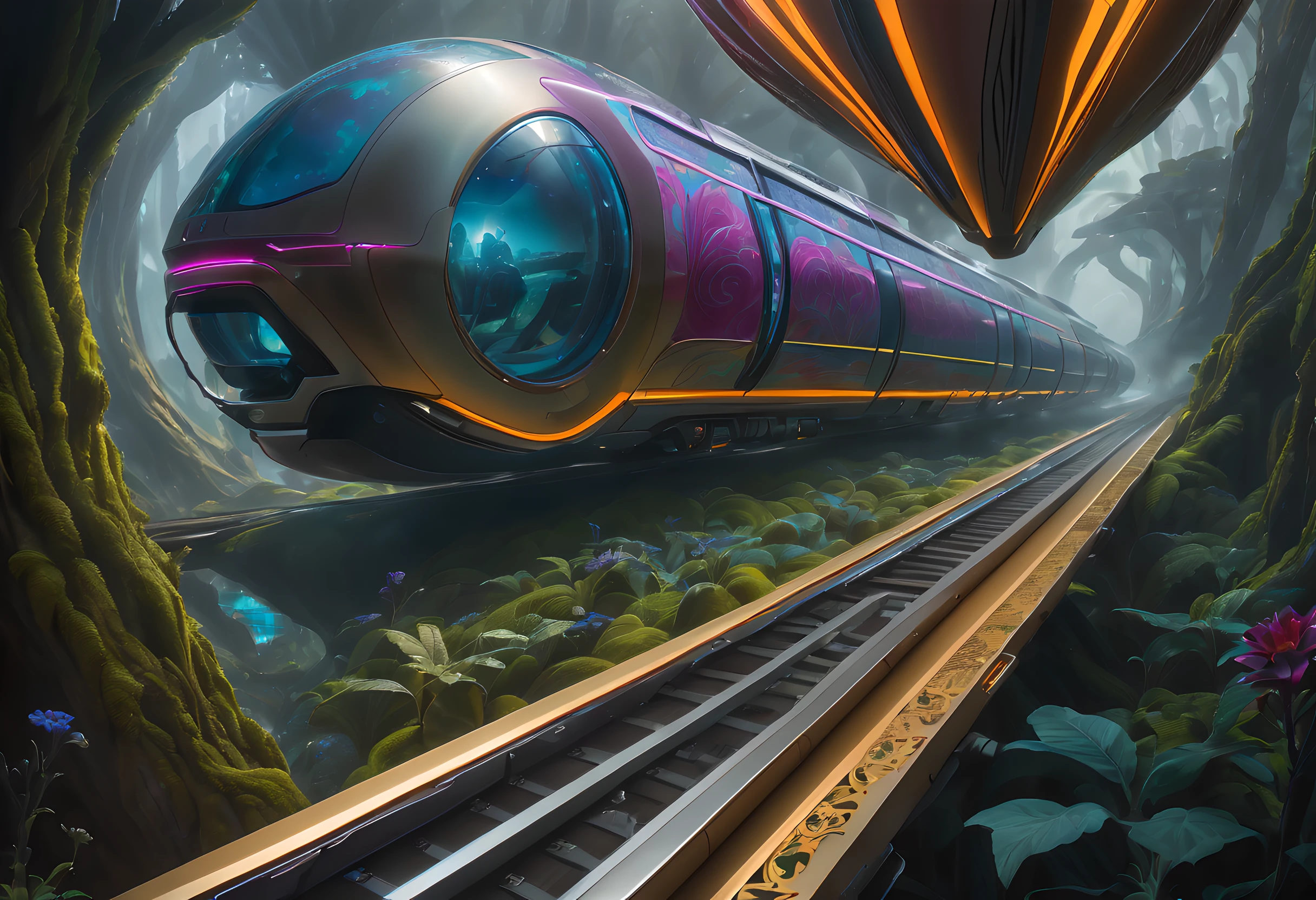 art by mooncryptowow ,Step into a world of wonder with this concept art prompt showcasing a futuristic and sleek high-tech train journey through a mesmerizing extraterrestrial landscape. The artist's imagination takes flight as they bring to life a train that blends seamlessly with its surroundings, boasting an avant-garde design that merges technology and nature. The train glides effortlessly through a vibrant and surreal environment, with otherworldly vegetation adorning the alien landscape, creating a sense of awe and mystique. The concept art employs a mix of vibrant colors, intricate details, and dynamic lighting to enhance the overall visual impact. This artwork invites viewers to immerse themselves in the futuristic allure of a high-tech train traversing an enchanted extraterrestrial world