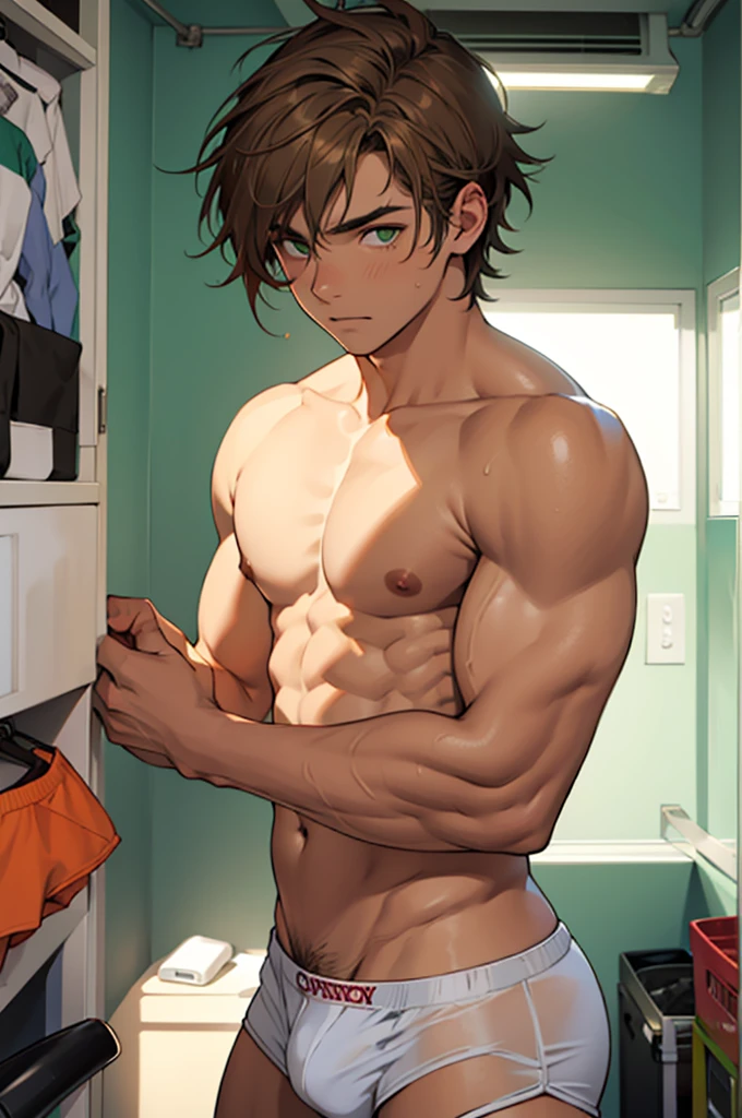 Um jovem do sexo masculino de , light brown hair a little messy, olho verde, corpo atletico, sem camisa, only in white underwear, no quarto