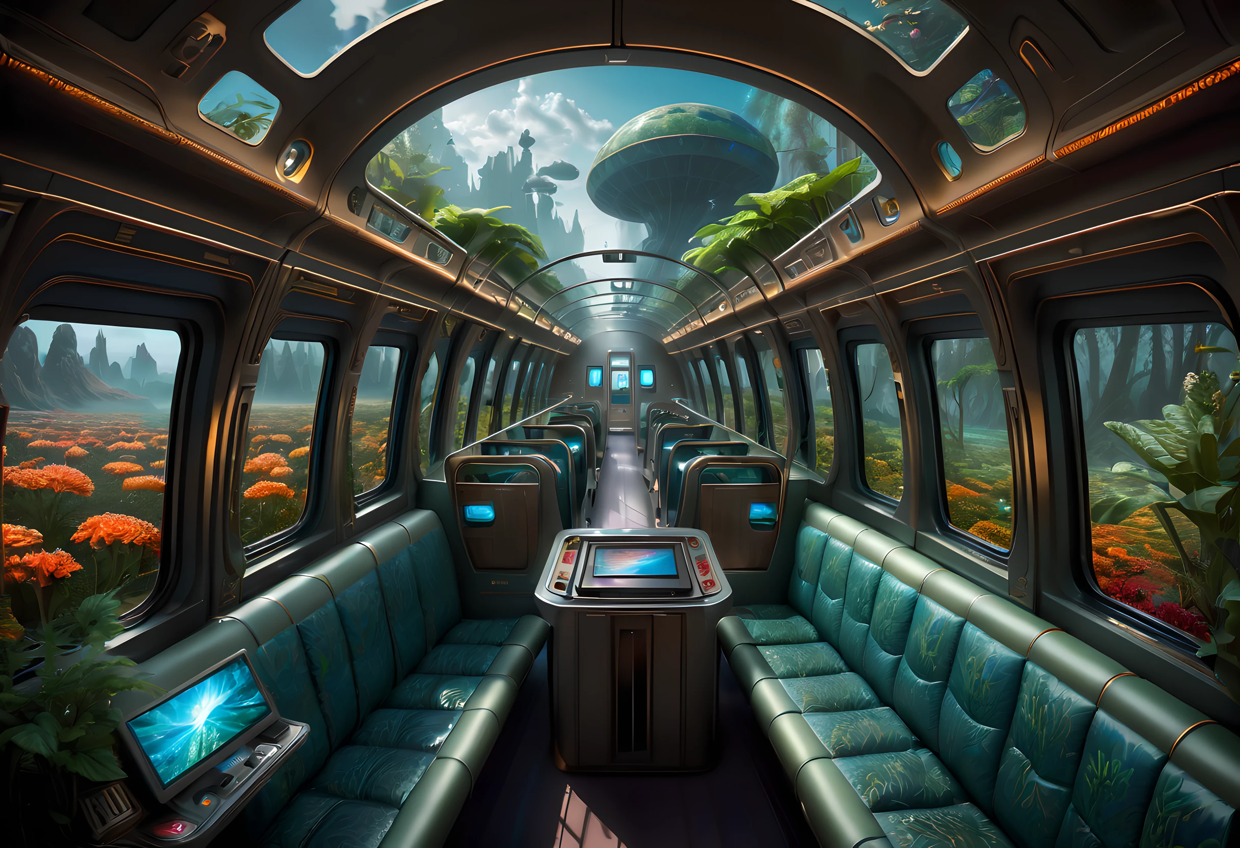 art by mooncryptowow ，Embark on an unforgettable virtual reality journey with this prompt simulating a thrilling and immersive high-tech train experience through an enchanting extraterrestrial environment. The cutting-edge technology transports users to a world where futuristic trains glide effortlessly through a mesmerizing landscape filled with magical vegetation. The immersive experience allows users to witness firsthand the vibrant colors, intricate details, and dynamic movements of the alien flora. The simulated lighting effects and surround sound create a truly immersive and sensory-rich experience, bringing the extraterrestrial world to life. This virtual reality journey invites users to explore the captivating beauty and wonder of an otherworldly environment as they traverse it aboard a high-tech train. Created by renowned virtual reality developer Oculus Studios