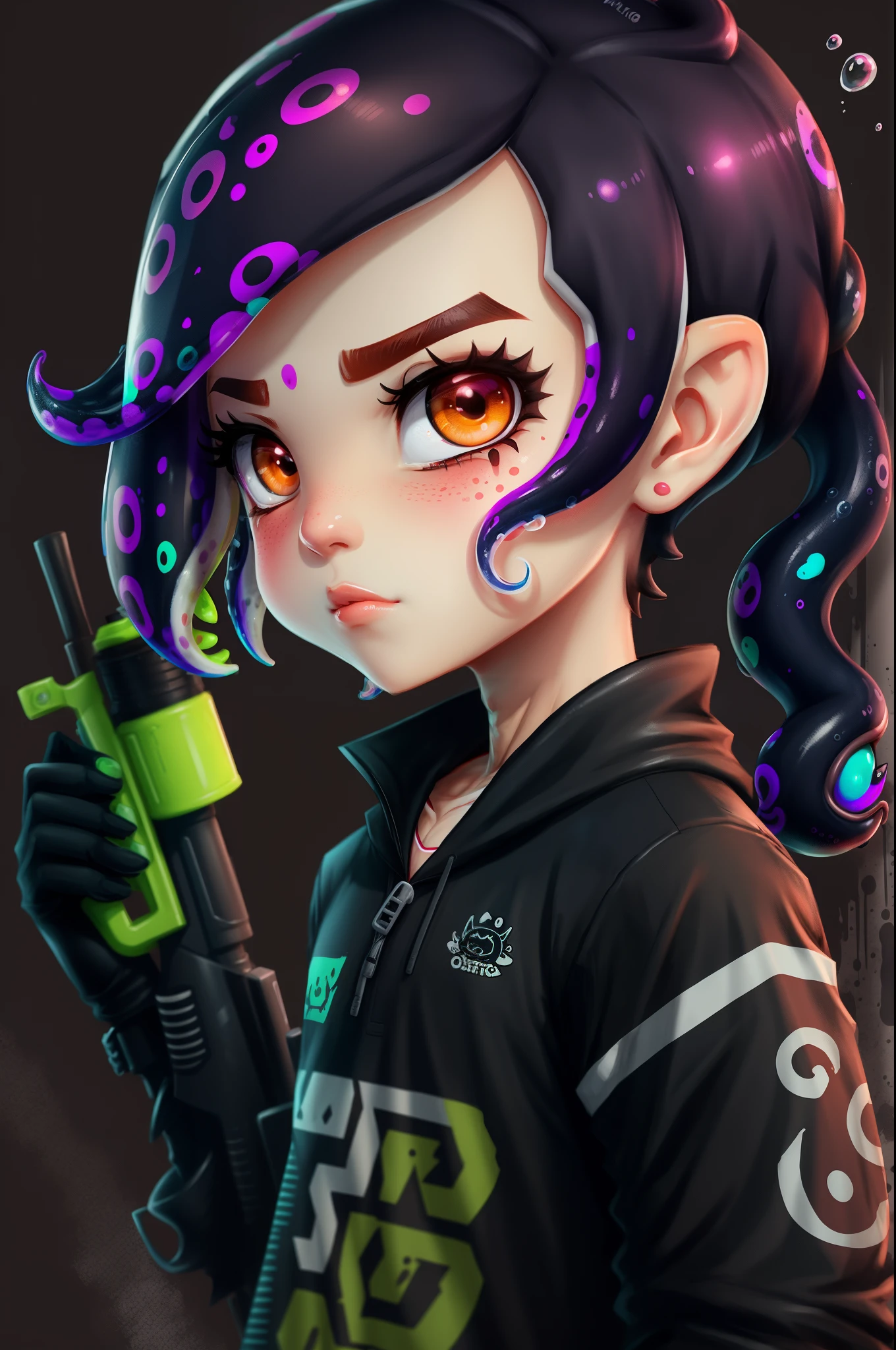 Splatoon, octoling, male, cute, brow skin, tentacles, ink, yellow eyes, goth
