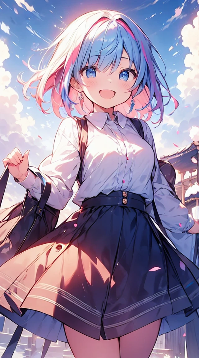 masutepiece, Best Quality,Illustration, Wallpaper, ultra -detail, Absurd beauty, 1beautiful girl、Bright hair color、big eye、Hair fluttering in the wind、♡、Spring landscape、great laughter、skirt by the、Futomo、Poses in motion