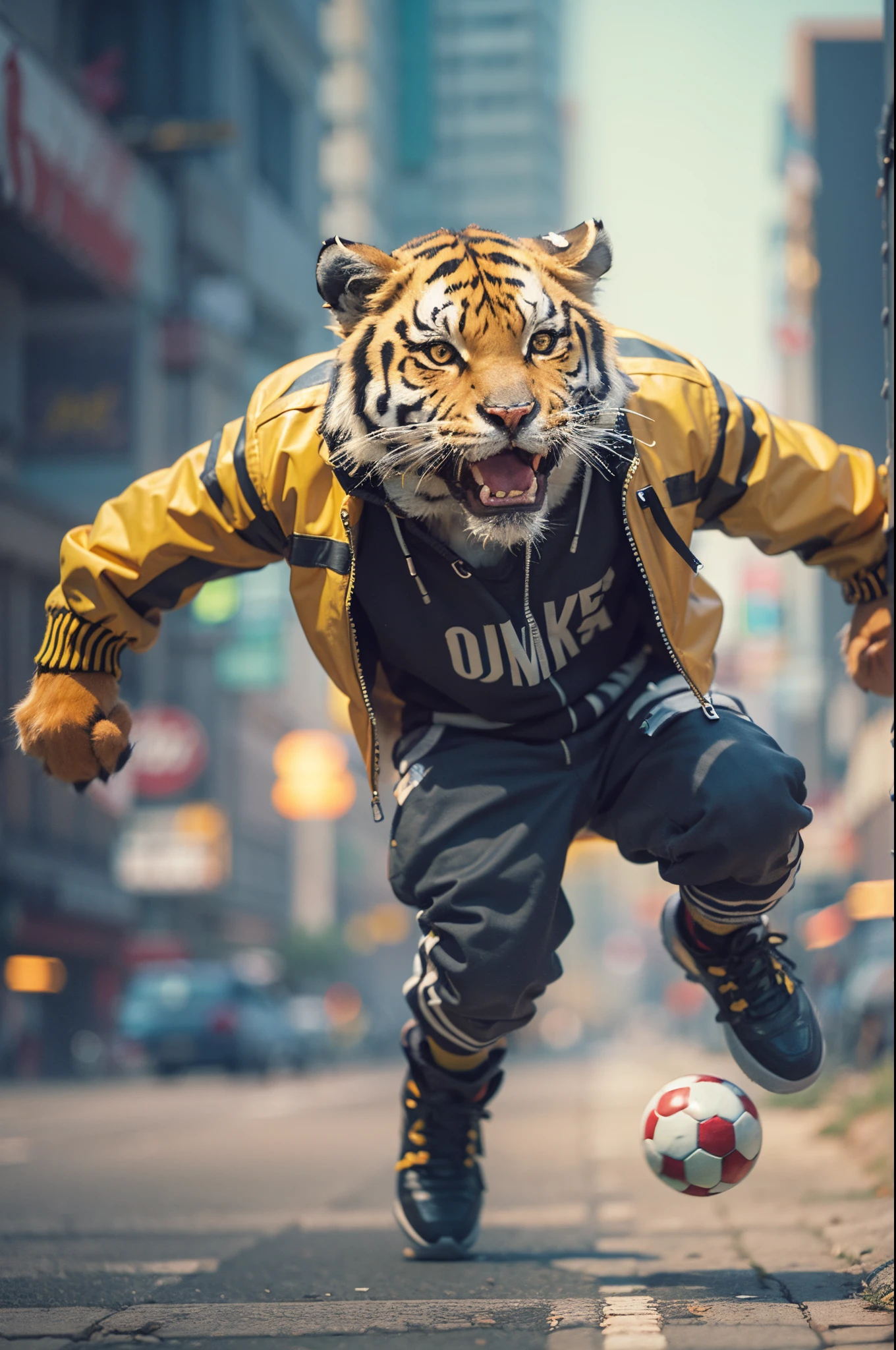 Angry Cartoon tiger with black and yellow jacket playing soccer in cyberpunk city street, dramatic effect, smoke effect, style raw, pastel color grading, Super 8mm lense, Extreme close-up, Deep Focus cinematography effect, high quality, ultra detail, 8k