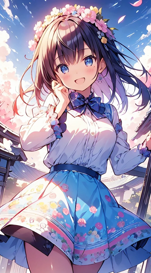 masutepiece, Best Quality,Illustration, Wallpaper, ultra -detail, Absurd beauty, 1beautiful girl、Bright hair color、big eye、Hair fluttering in the wind、♡、Spring landscape、great laughter、skirt by the、Futomo、Poses in motion