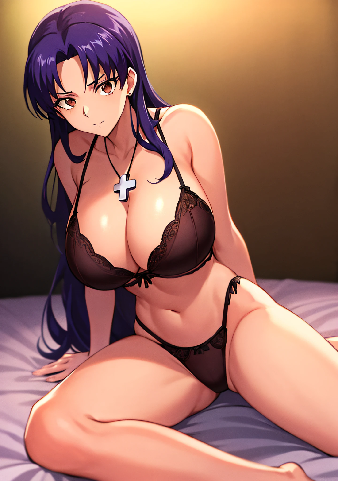 (masutepiece),(Best Quality), Katsuragi Misato,room , Brown eyes, Huge chest on the verge of bursting、Cross Necklace,  night wear、Persistent stare, Sharp eyes、Lying in bed、、Spread your legs、Spread your crotch