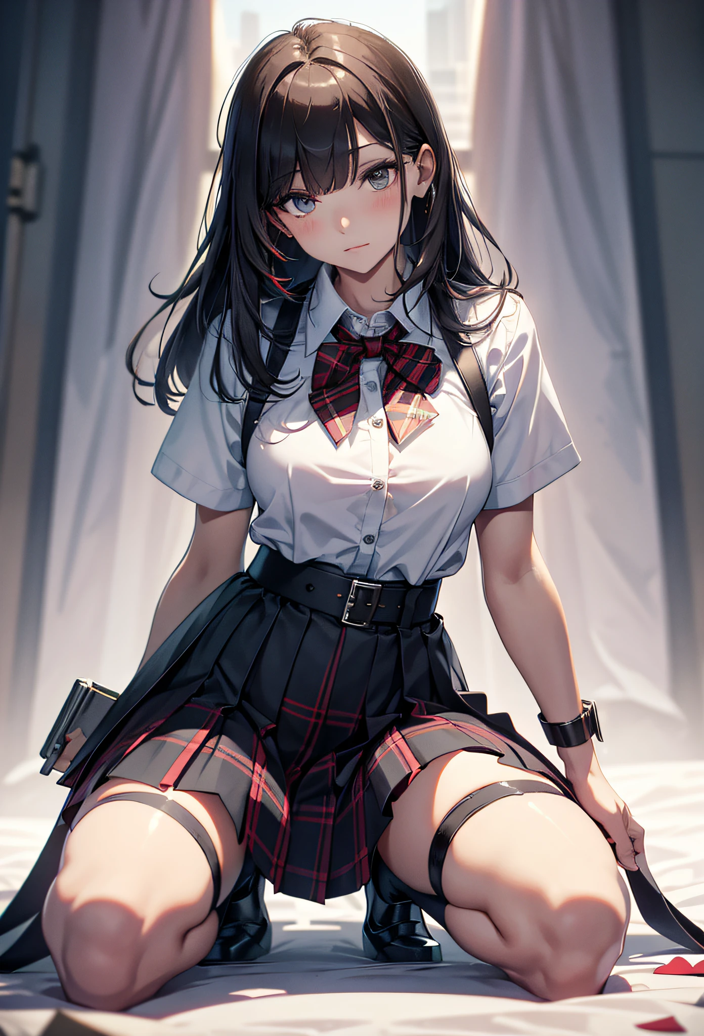 best qualtiy,tmasterpiece,Ultimate Resolution,downy,highly colorful,mature pretty woman,(JK school uniform),neck bowtie,plaid skirts,(Beauty cut off her head),Normal posture,red rip,(Kneeling Pose),shackle,decapitate,Collar,Cuffed,anklets,(white stockings),Mary Jane shoes,Normal posture