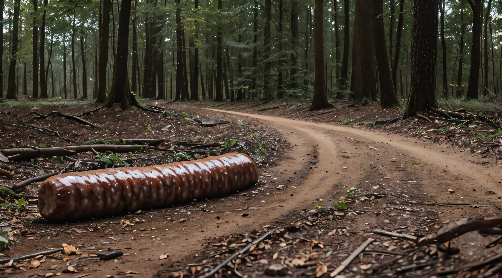 DARK forest with dirty sausages on the ground, big girth sausages left in the dirt