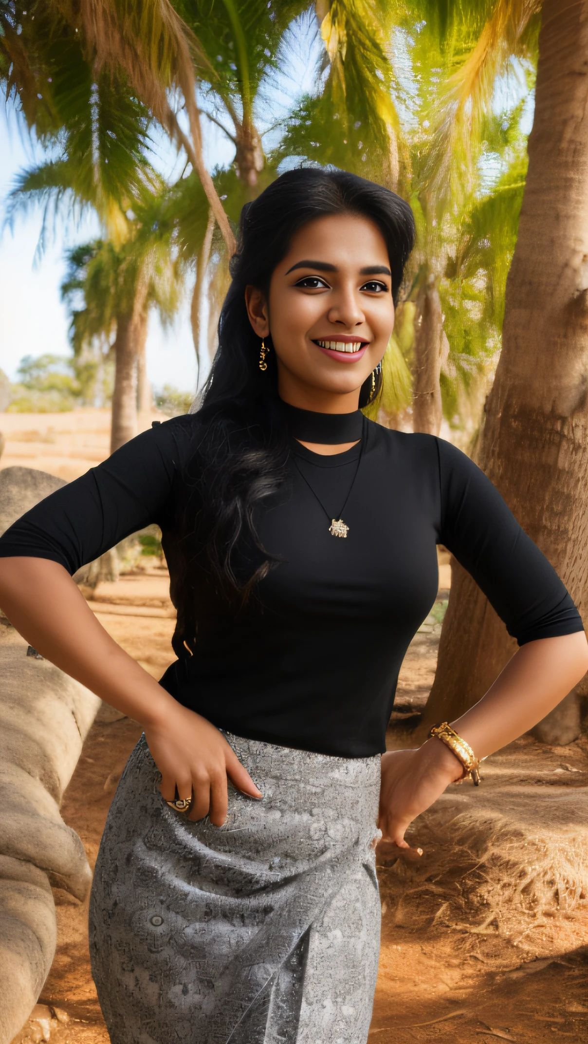 Day scene, close up photo of a indian from top view, posing under big tree, (wearing black tshirt and skirt) , look at viewer and smile, (cinematic:1.3), intricate details, (ArtStation:1.2)