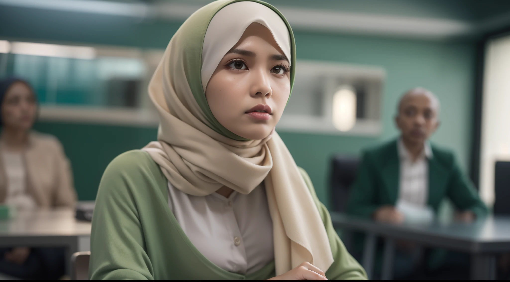 Beautiful fair skin matured malay girl in hijab seating in meeting room angry, 45 years old, milf, angry pose, angry face, meeting room, morning, wearing hijab, pastel color hijab, green office outfit, green suits, small tits, small breast, flat chest, wide waist, beer belly, thick thighs,Prores lense, Low angle shot, Desaturated color grading, rear projection, Tungsten light, Dynamic shadows, indie