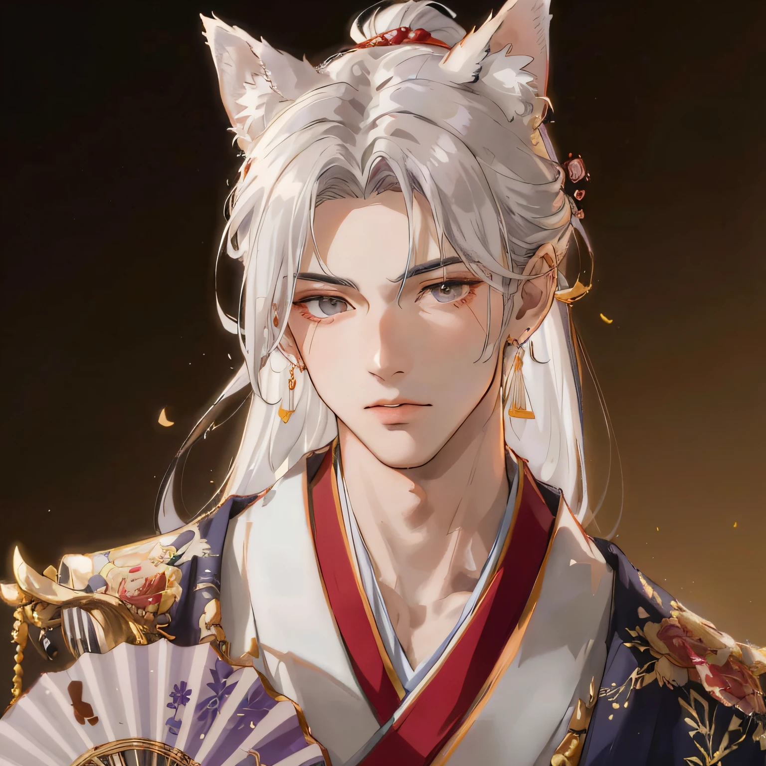 (((1boys))), ((shades)), malefocus, tmasterpiece, high qulity, (tmasterpiece:1.2), (Best quality at best:1.2), Glossy glossy skin, actual, a gorgeous, iintricate, dark fox ears, ((brunette color hair)), (long whitr hair), Gray eye, By bangs, hair between eye, Fluttering, the hair_poking, red fox_schoolboy,  japanes_The clothes ar, jewely, Semi-realistic, Alone, Pointy_hor ears, the hair_the good, the hair_decorations, the hair_pin, ngel_folding fan, paper_folding fan, Elegant, lookingat_Show on the_peeping at the viewer, ngel_folding fan, Red_eyeline,  frequency hopping, hyper qualit, HighDynamicRange