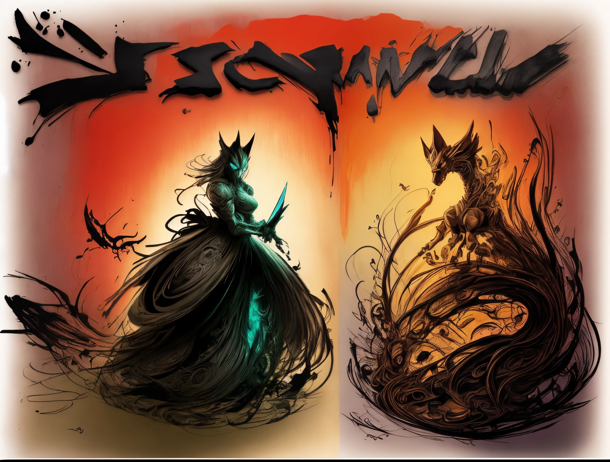(Mucha style:0.8) , furry , Adventure fantasy, the magician old silver wolf , with the droopy-eared swordsman orange rabbit girl , The Swordsman supports the Magician while he is casting a spell.