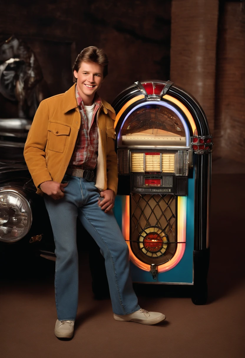 The image is of Marty posing with a vintage 1950s jukebox, a big smile on his face as he flips through the song selections.,Back to the Future film series,Marty McFly, the protagonist of the “Back to the Future” film series, portrayed by Michael J. Fox, epitomizes the quintessential 1980s teenager in style and demeanor. He’s often seen wearing a puffer vest over a denim jacket, a graphic t-shirt, and jeans, a look that has become iconic. Marty is of average height, with a lean build, and sports a casual, slightly unkempt hairstyle that adds to his youthful, energetic persona. His skateboard, an accessory in many scenes, further underscores his laid-back and adventurous character.