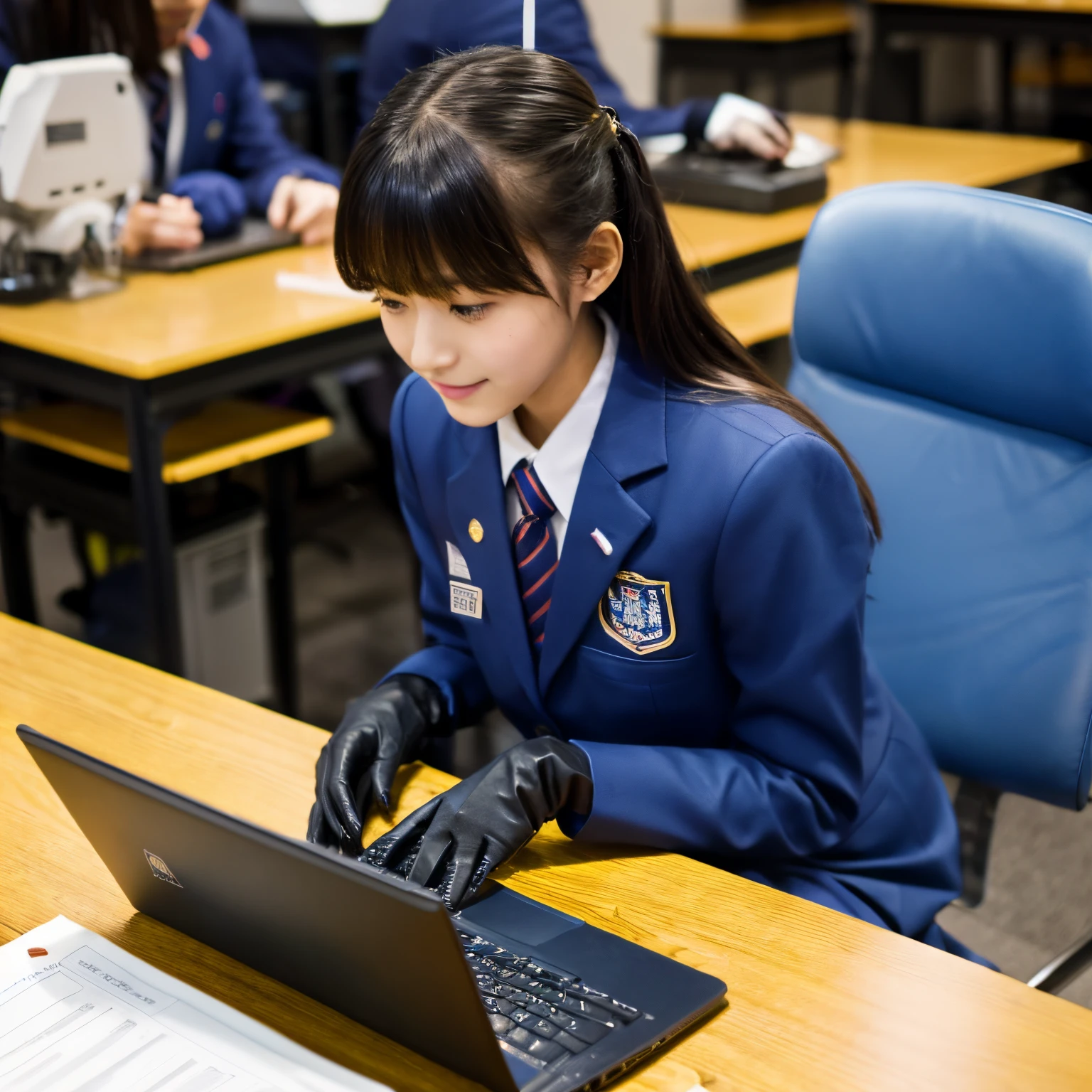 Dark blue blazer uniform、Blue shirt、Blue ribbon、Black leather gloves、hi-school girl、Operating a laptop computer on the desk、Sitting on a chair、((He wears black leather gloves on both hands))((Cute Japan high school girl))
