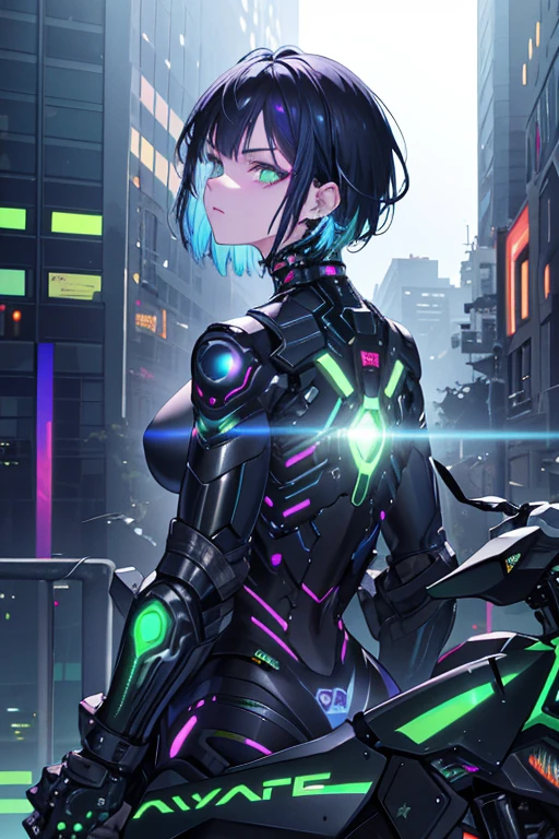 {{masterpiece,Best Quality}}, top-quality, Delicate background,delicated face,Super delicate,Ultra-detailed CG Unity,8k wallpaper, lensflare, (colourfull:1.5),Back shot,Detailed beautiful eyes,a 20 yo woman,Bery short hair,tattoo,sending hair,Cool Face,((Black and blue hair)),glowing green and purple eyes,abdominals,Big piercings,heavy wind,Overjacket,damage jeans,cyberpunked,a hologram,green neon lights flying around,nighttime scene,Perfect human body structure,On top of the building,Sit on the steel frame,stare at the building,Shining Buildings,Cyberpunk City,From above,from distance,