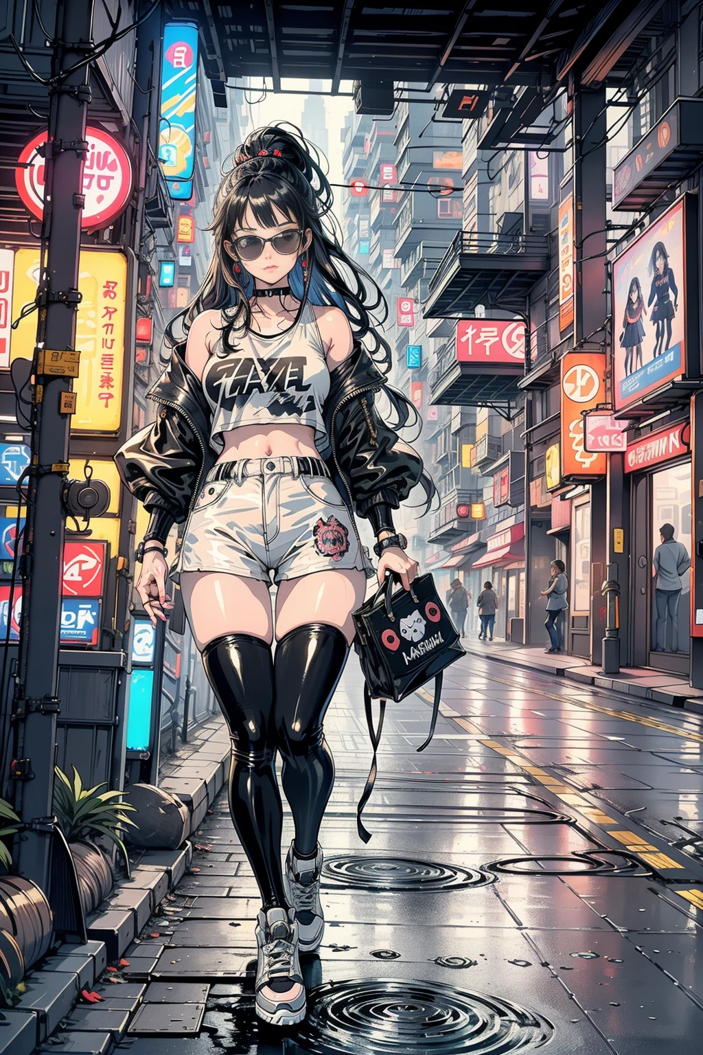 1girll ,Masterpiece, Best quality, Ultra-detailed, illustration, Cyberpunk rebel hackers
style: Futuristic city
Quality: Crisp and dynamic, Character portrayal: A tech-savvy character
Lighting: The neon lights of the city reflect his cybernetic enhancements.
Shading: Strong contrasts emphasise his confident and bold nature.
clothing: Leather jacket with high-tech leggings (black t-shirt), augmented reality goggles
background: Alleyways filled with holographic graffiti and neon signs.