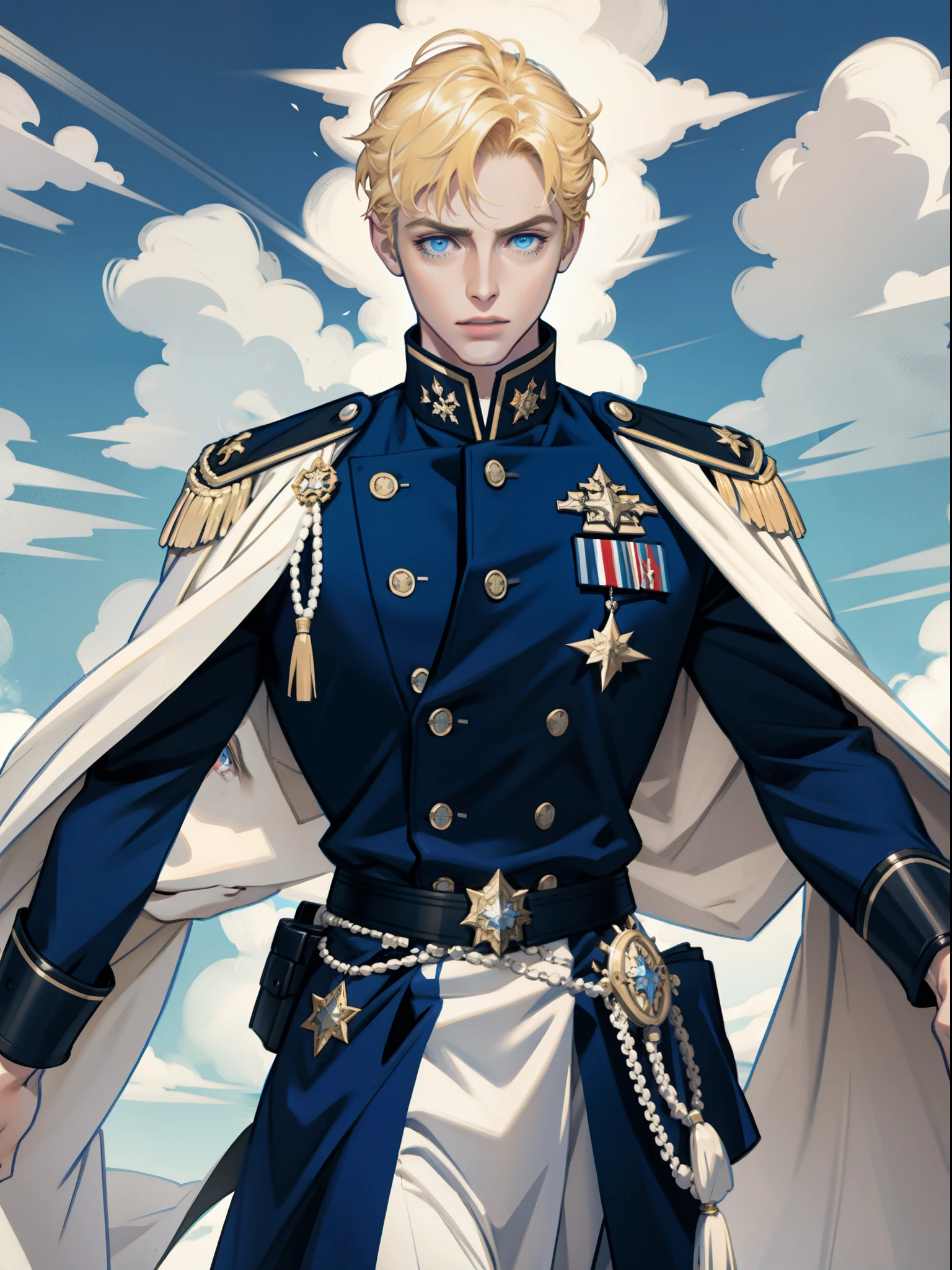 (masterpiece, best quality), 1 male, mature, aged up:1.4, tall muscular guy, broad shoulders, finely detailed eyes and detailed face, extremely detailed CG unity 8k wallpaper, intricate details, Fantasy, royal, nobleman, Admiral, short hair, blonde hair, blue eyes, fleet commander, navy, commander, white uniform, ocean, cloudy sky, wave