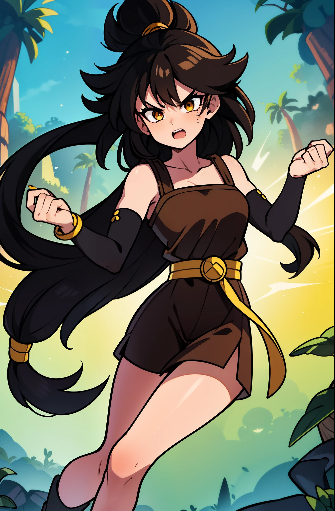 (masterpiece, best quality, detailed face, detailed eyes), yellow irises, 1girl, Saiyaness, 1girl, Saiyan monkey tail, black hair, long wild spiky hair, Shoulder less Gi, brown sash belt, very dark brown short tights, very dark brown wrist bands, small tufts of fur on top of feet, barefoot, (side view), Saiyaness, a cartoon character with black hair, lashing Saiyan monkey tail, Saiyaness with a monkey tail, hair tied, long wild spiky hair, hair over shoulders, mane of hair down back, annoyed, open mouth, (floating around in a jungle like paradise)