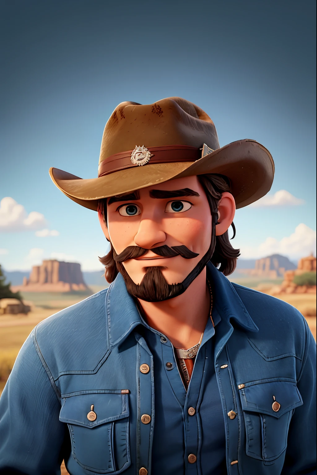 There was a man in a hat and a blue shirt, Cowboy portrait man, Cowboy portrait, Portrait of a cowboy, Portrait of a rugged ranger, cowboys, promotional images, Bearded cowboy, 对称!! Portrait of a cowboy, Jesse McCree, Montana, Portrait of rugged male ranger, wearing a cowboy hat, rugged male ranger, Rugged and handsome ranger, wearing a cowboy hat