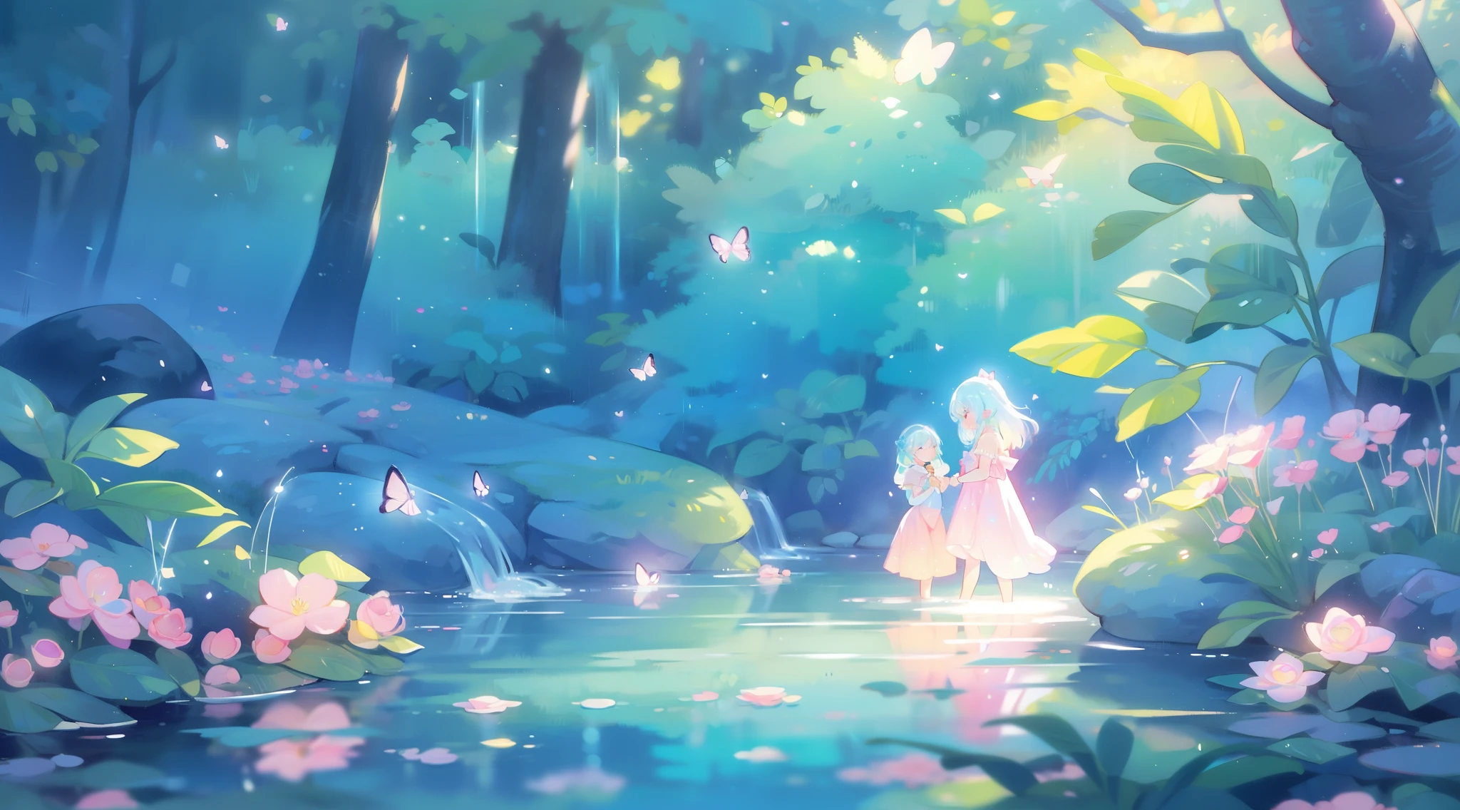 watercolor illustration, vibrant pastel colors, dreamy, colorful, whimsical, magical, masterpiece, best quality, sharp focus, intricately detailed environment, fine detail, 8k resolution, waterfall lagoon, (magical lagoon), (waterfall, lake), glowing butterflies