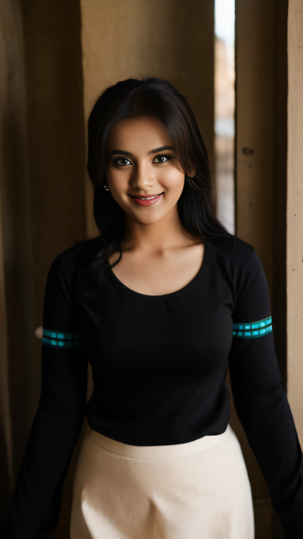 Day scene, close up photo of a indian from top view, posing under big tree, (wearing black tshirt and skirt) , look at viewer and smile, (cinematic:1.3), intricate details, (ArtStation:1.2)