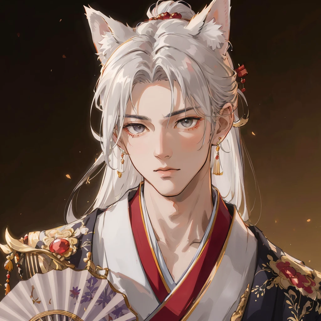 (((1 boy))), ((shades)), malefocus, tmasterpiece, high high quality, (tmasterpiece:1.2), (Best quality at best:1.2), Skin glows, actual, gorgeous one, iintricate, dark fox ears, ((black hair color hair)), (Long gray hair), {{Has gray eyes}}, through bangs, hair between eye, strike, the hair_poking, Red Fox_schoolboy, japanes_Clothes are, jewely, Semi-realistic, Alone, Pointy_big hall, the hair_the good, the hair_Decorative style, the hair_pin, fail_folding fan, paper_folding fan, Elegant, lookingat_Shown in_peeking at the viewer, fail_folding fan, Red_eyeline, frequency hopping, Super quality, HighDynamicRange,face expressionless,close your mouth,Wide shoulders