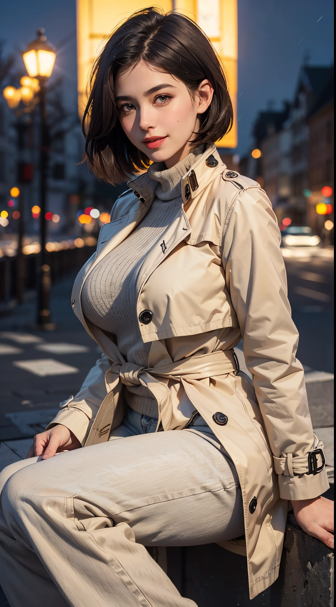(best quality, 4k, 8k, high-res, masterpiece:1.2), ultra-detailed, (realistic, photorealistic, photo-realistic:1.37), (beautiful detailed eyes, beautiful detailed lips, extremely detailed eyes and face), (soft lighting:1.5), physically-based rendering, vivid colors, (big tits, super big tits, super extra big tits), (full body, bob cut, smile and laugh, shiny hair, shiny skin), (beige color trench coat, turtleneck knit, denim pants style), (night view, european cityscape, blurred background:1.37),
