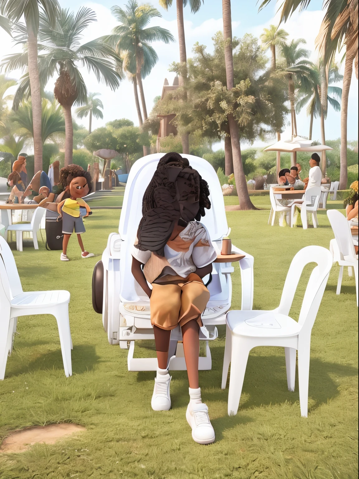 Disney pixar Image of a black girl in brown shorts a black top and a white boyfriend shirt with white shoes behind her are palm trees with white tables and fairy lights in the sky