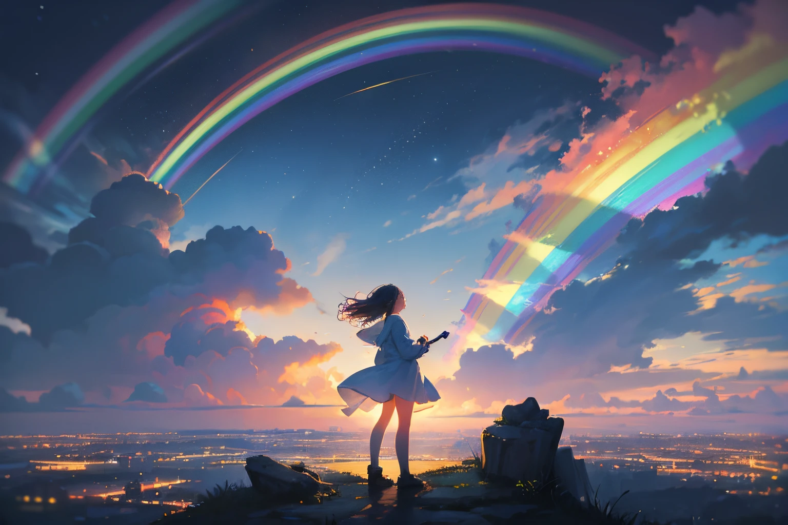 Create a high-quality illustration of a breathtaking scene where the rain has ceased, leaving behind a fantastical rainbow stretching across the entire sky. Envision a young boy or girl gazing up at this mesmerizing display. Infuse the entire artwork with an ethereal and intricate atmosphere, ensuring meticulous attention to detail. The goal is to capture the magical moment when the sky transforms into a canvas of colors after the rain, evoking a sense of wonder and awe
