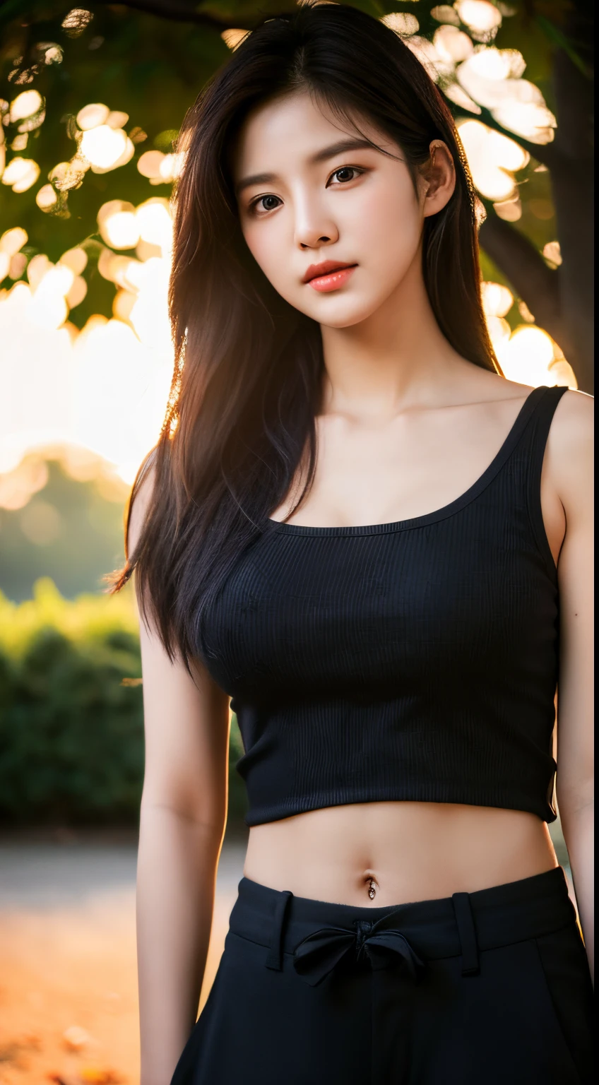 Realistic photos of (1 cute Korean star) medium hair, 32 inch breasts size, black tank top, pants, standing stream side, sunset light, close-up, UHD