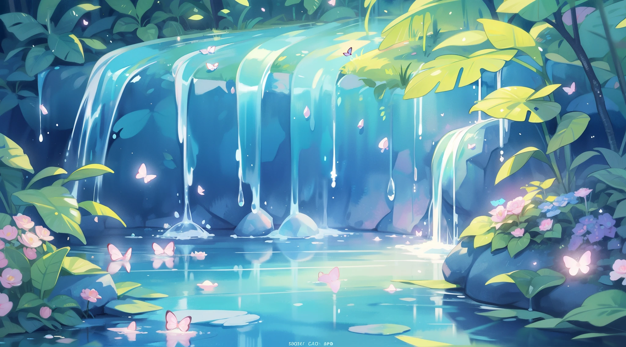 watercolor illustration, vibrant pastel colors, dreamy, colorful, whimsical, magical, masterpiece, best quality, sharp focus, intricately detailed environment, fine detail, 8k resolution, waterfall lagoon, (magical lagoon), (waterfall, lake), glowing butterflies